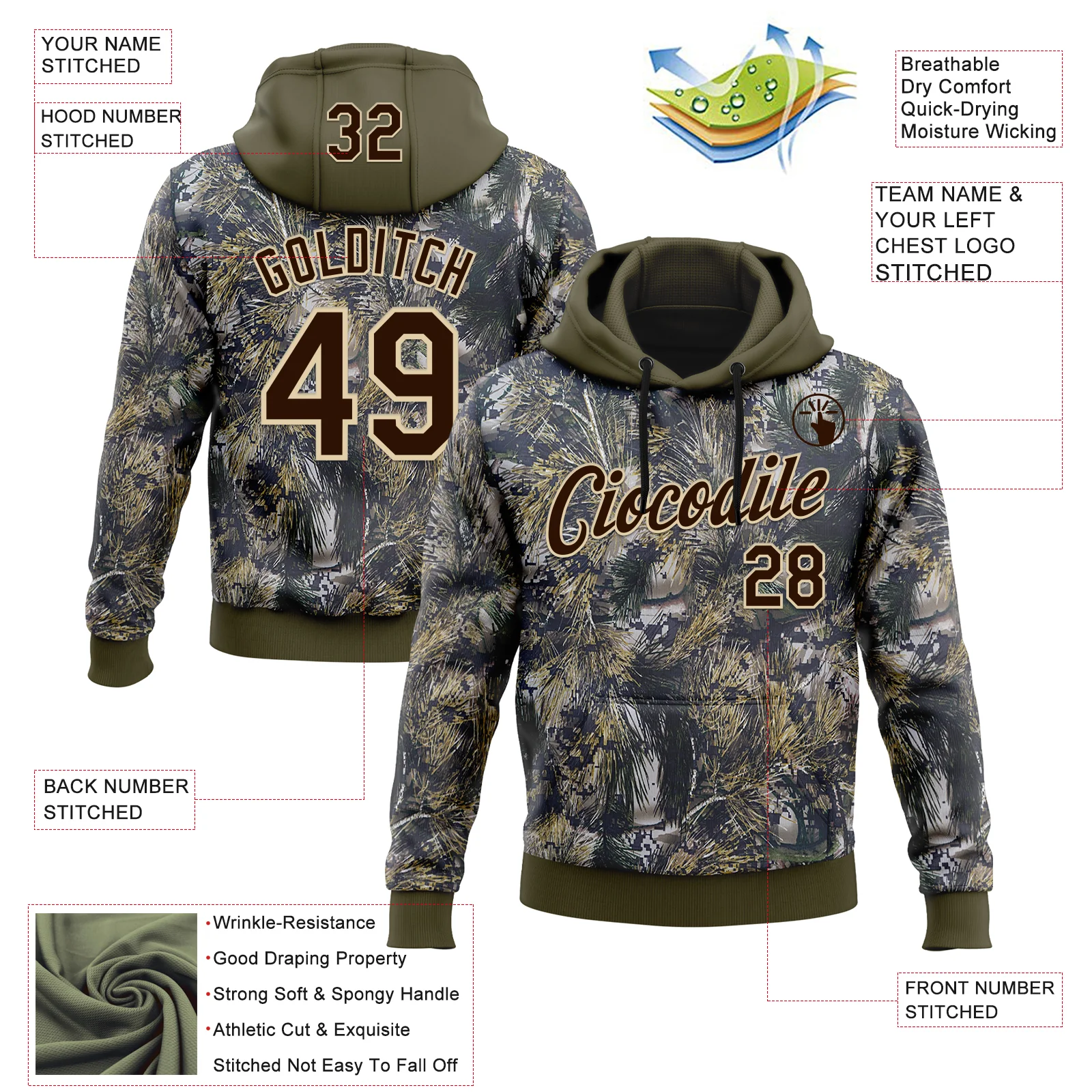 Custom Stitched Olive Brown-Cream 3D Pattern Design Tree Camo Hunting Sports Pullover Sweatshirt Salute To Service Hoodie
