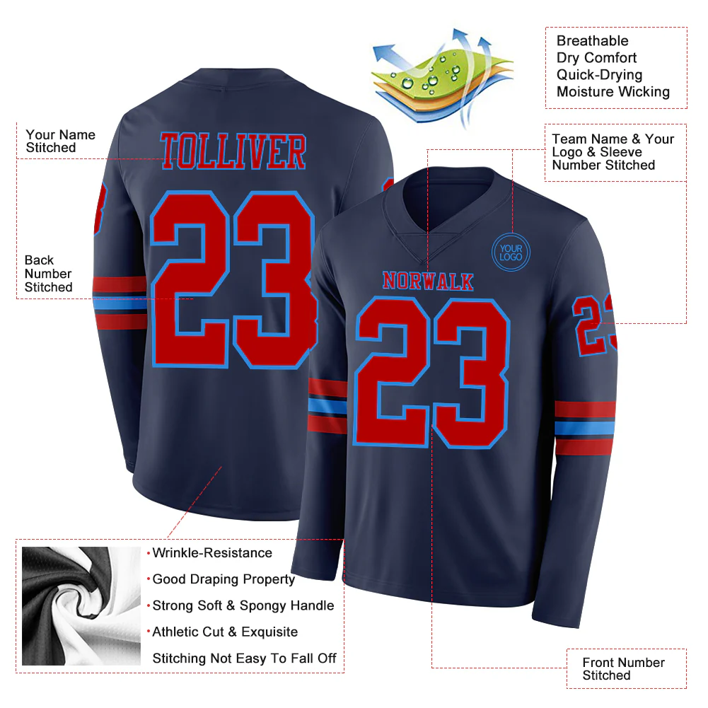 Custom Navy Red-Powder Blue Long Sleeve Authentic Football Jersey