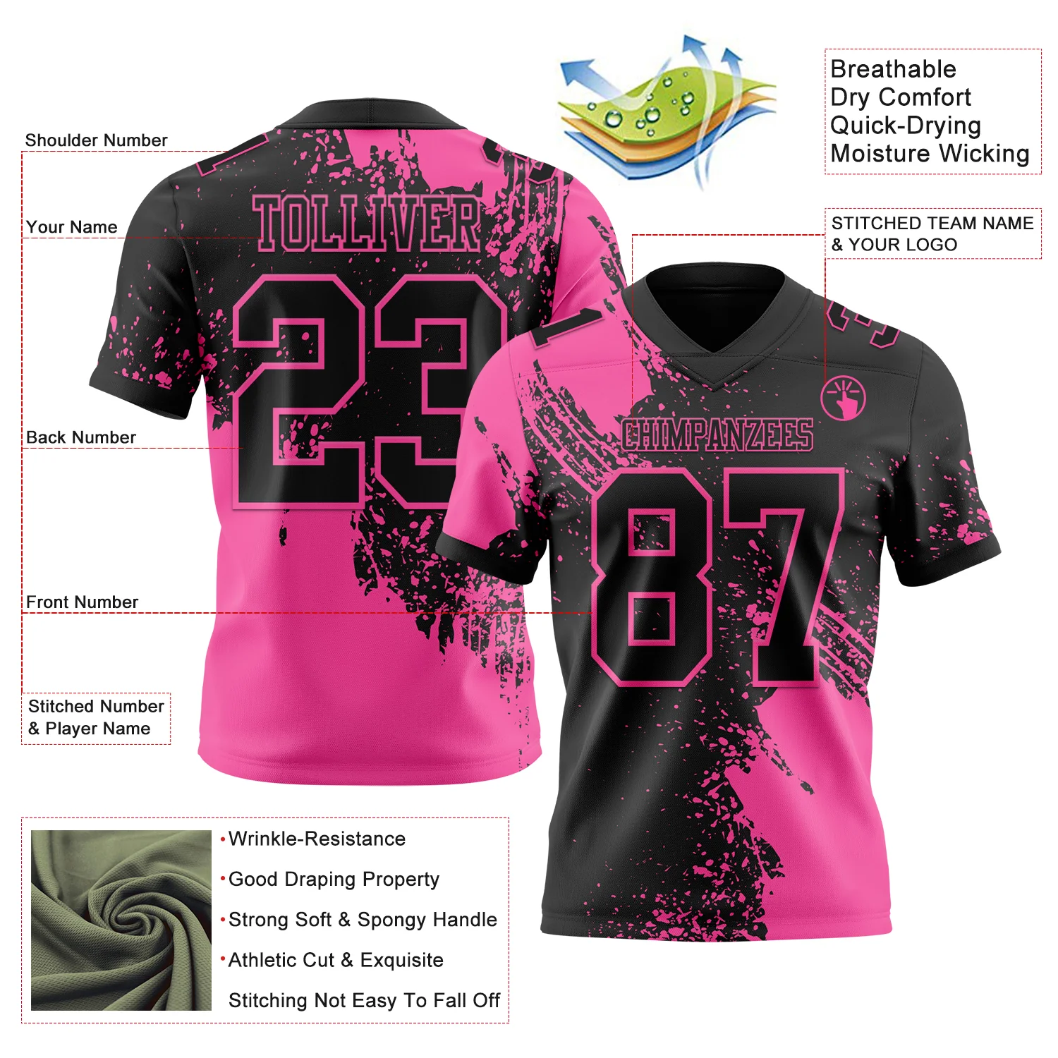 Custom Black Pink 3D Pattern Abstract Brush Stroke Authentic Football Jersey
