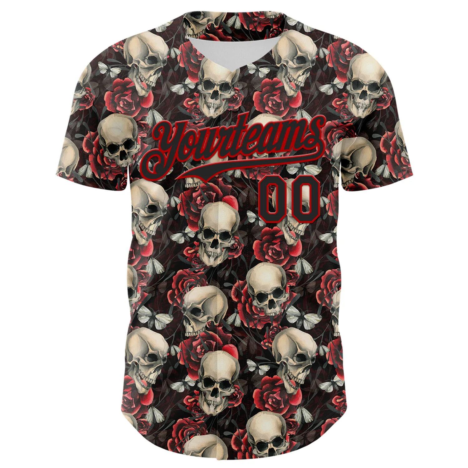 Custom Black Red 3D Skeleton And Flower Authentic Baseball Jersey