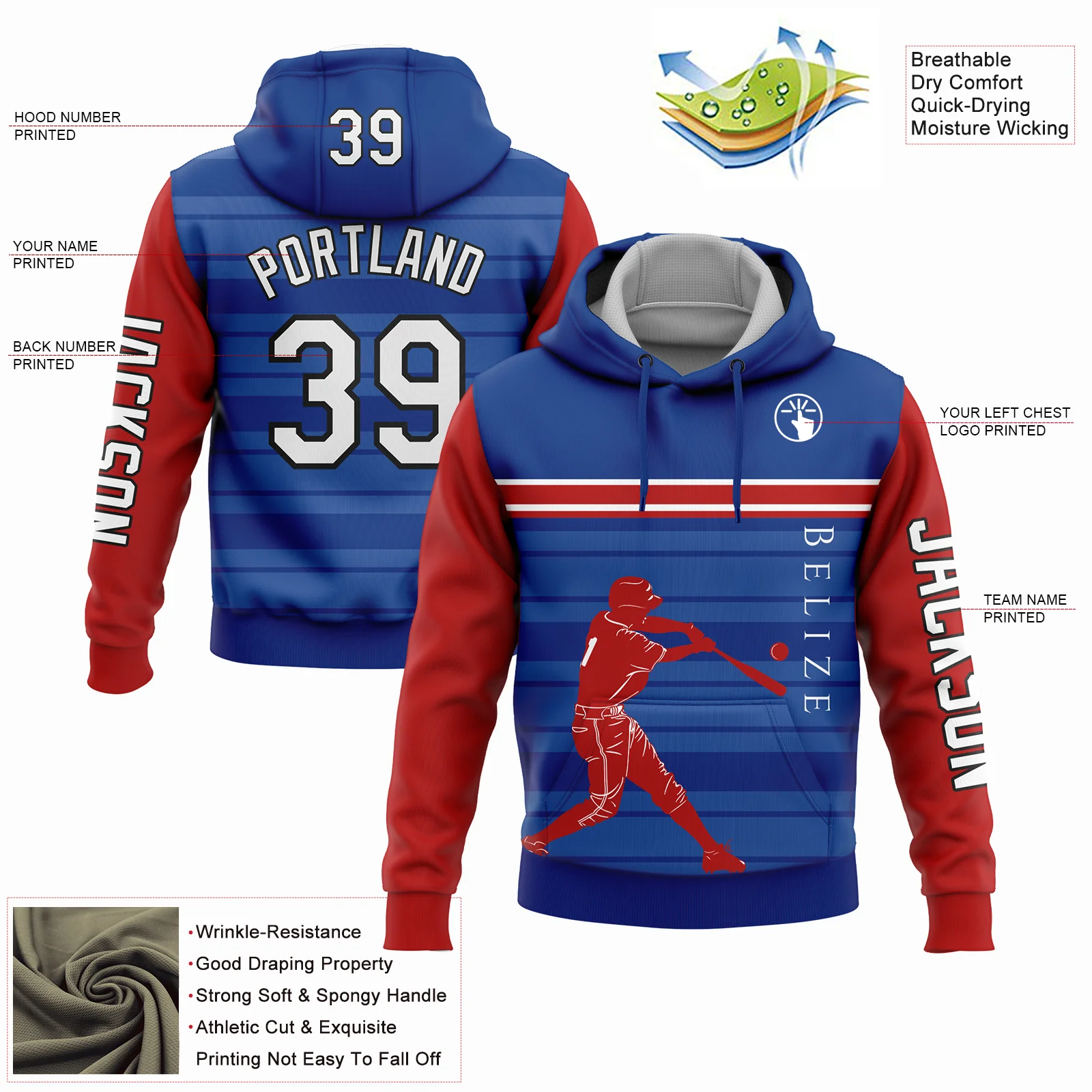 Custom Royal Red-Black 3D Belize Belizean Flag Sports Pullover Sweatshirt Hoodie