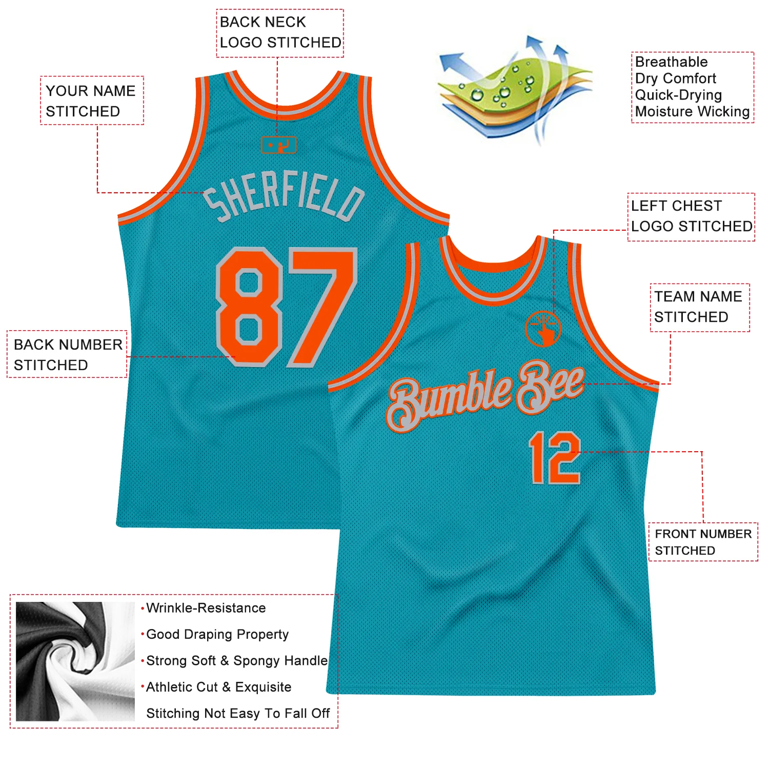 Custom Teal Orange-Gray Authentic Throwback Basketball Jersey