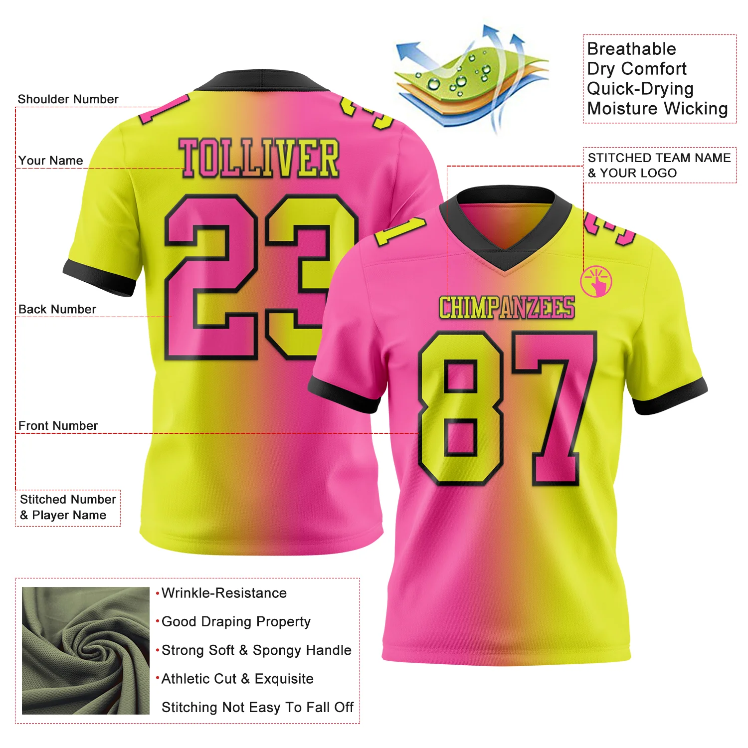 Custom Neon Yellow Pink-Black Authentic Gradient Fashion Football Jersey