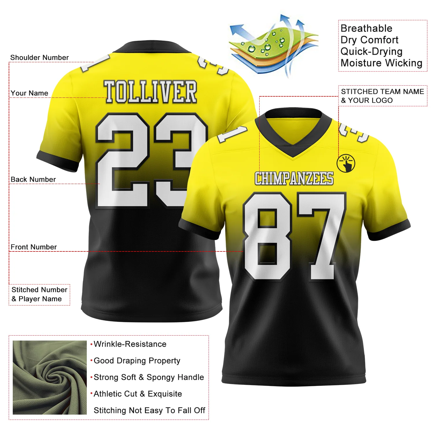 Custom Light Yellow White-Black Authentic Fade Fashion Football Jersey