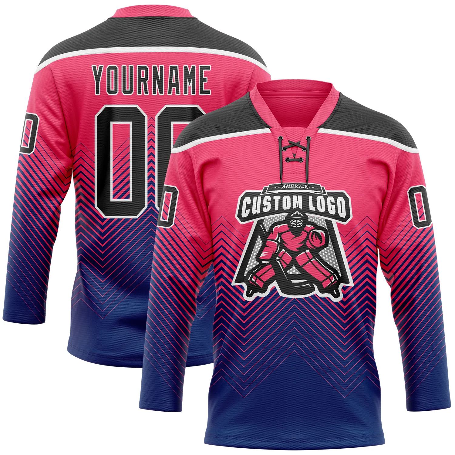 Custom Neon Pink Black Blue-White 3D Pattern Abstract Gradient Halftone Hockey Lace Neck Jersey