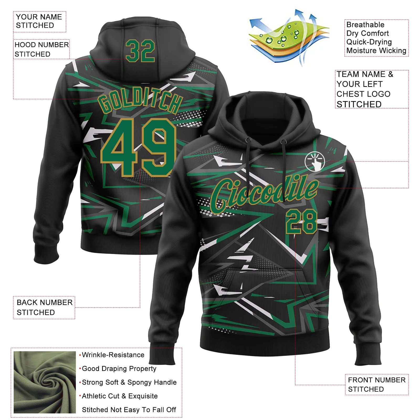 Custom Stitched Black Kelly Green Old Gold-White 3D Pattern Design Line Sports Pullover Sweatshirt Hoodie