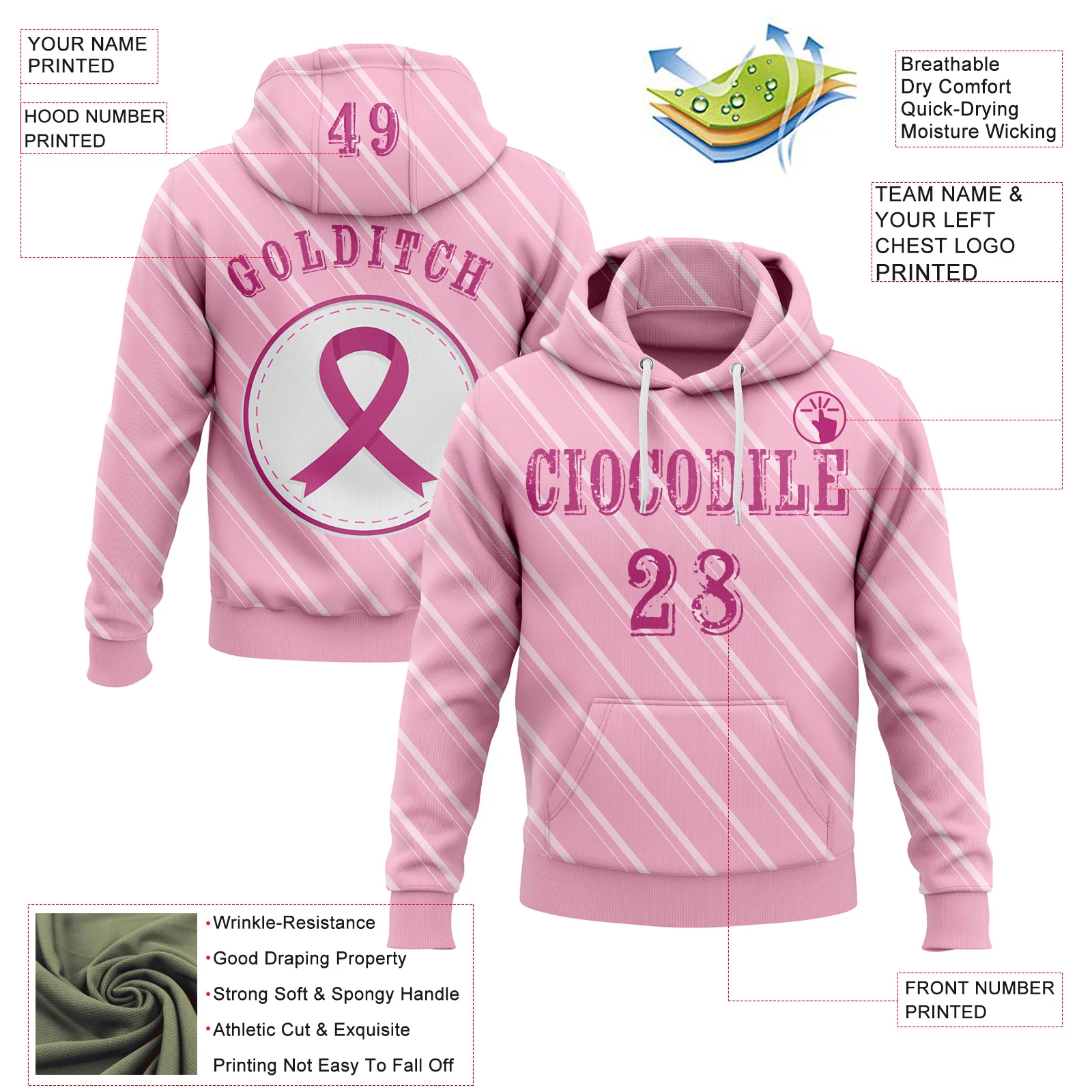 Custom Light Pink Pink-White 3D Pink Ribbon Breast Cancer Awareness Women Health Care Support Sports Pullover Sweatshirt Hoodie