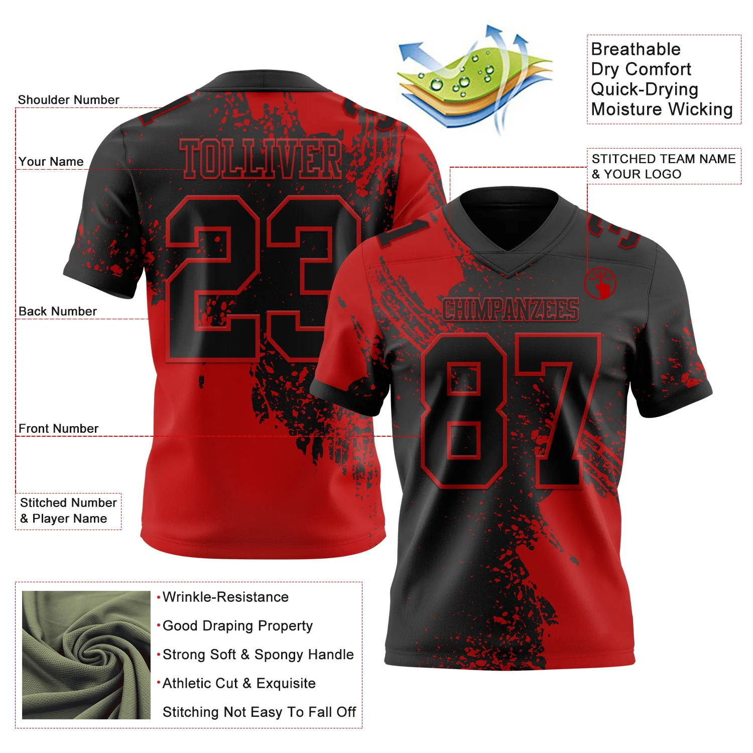 Custom Black Red 3D Pattern Abstract Brush Stroke Authentic Football Jersey
