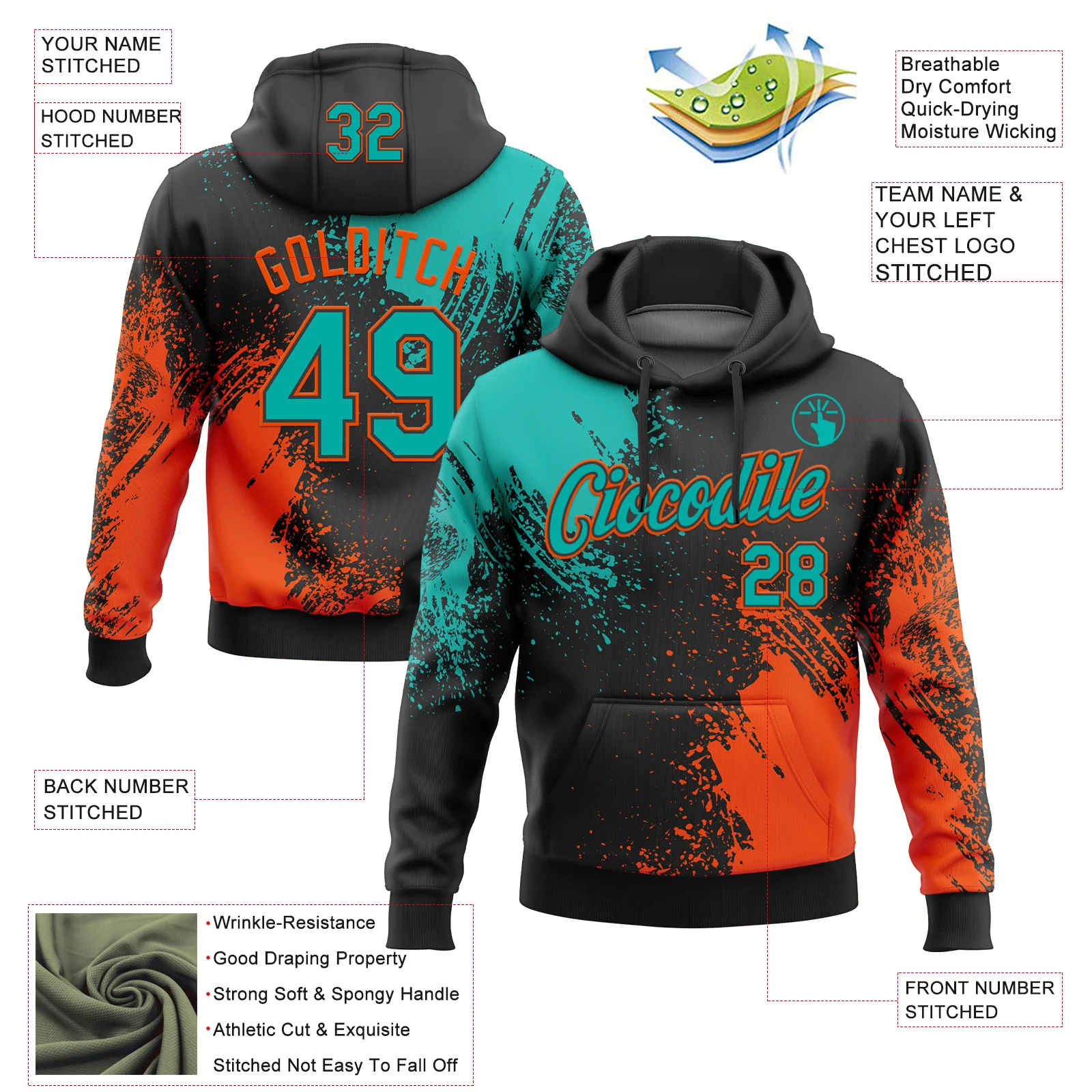 Custom Stitched Black Aqua-Orange 3D Pattern Design Abstract Brush Stroke Sports Pullover Sweatshirt Hoodie