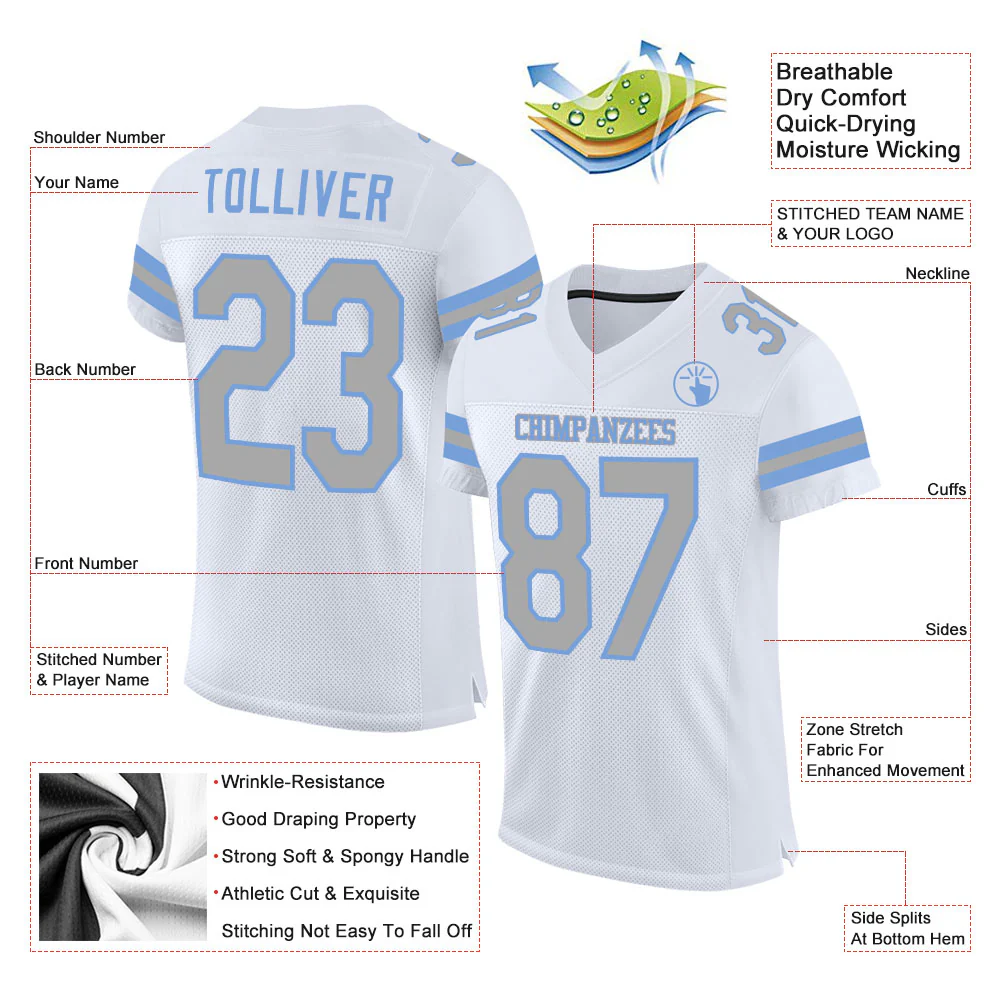 Custom White Gray-Light Blue Mesh Authentic Football Jersey