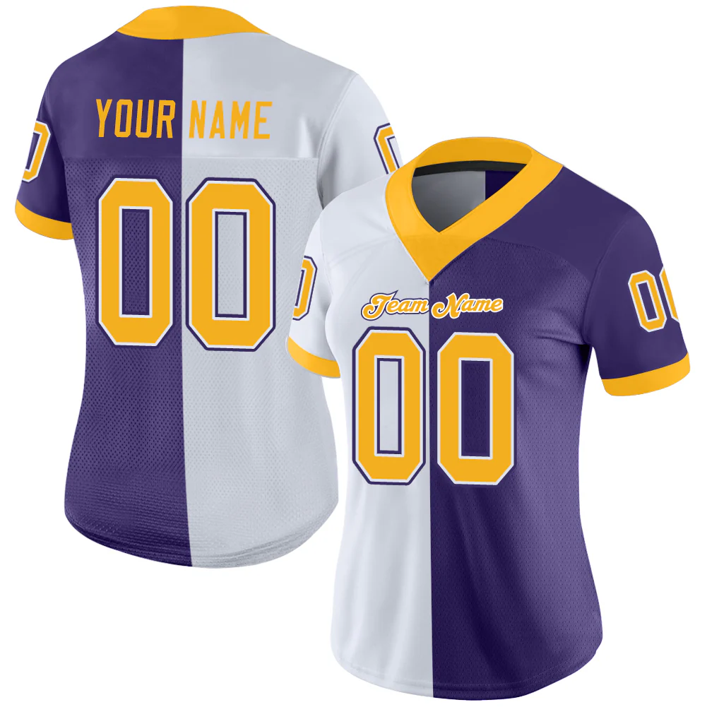 Custom Purple Gold-White Split Fashion Football Jersey