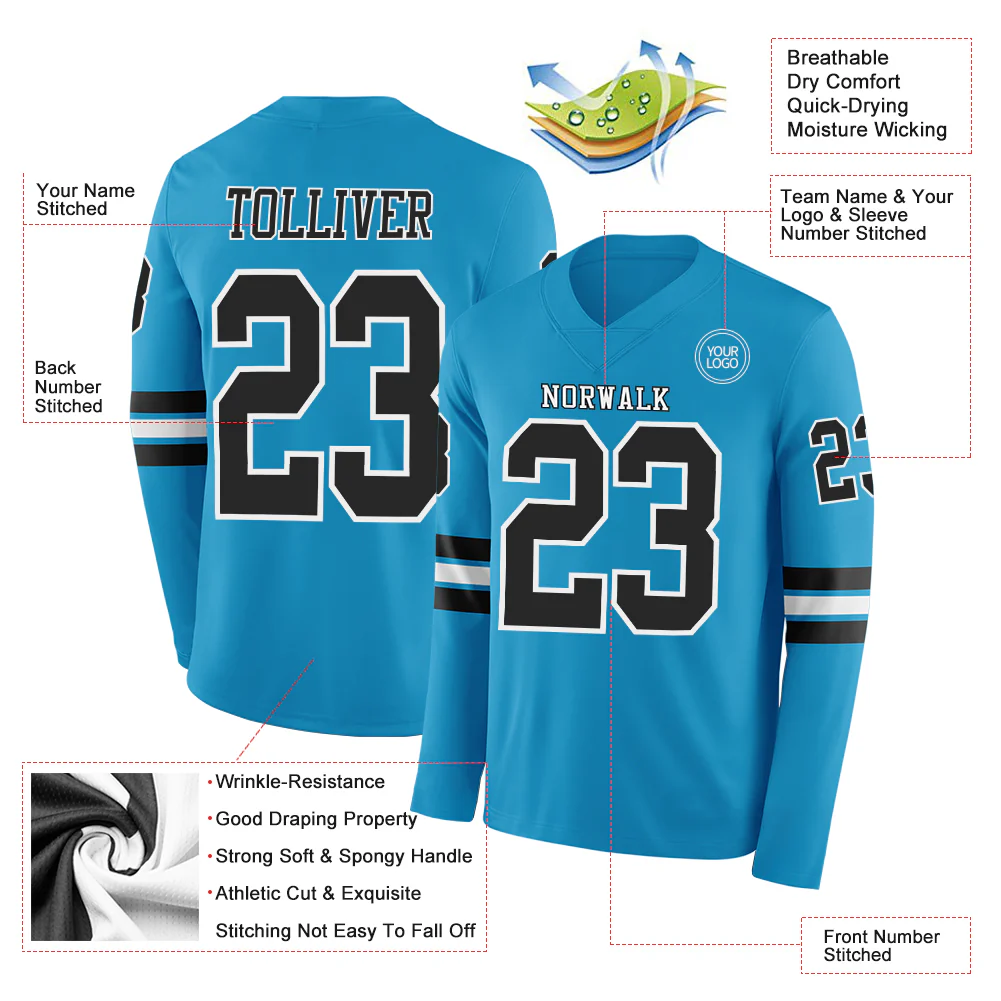 Custom Panther Blue Black-White Long Sleeve Authentic Football Jersey
