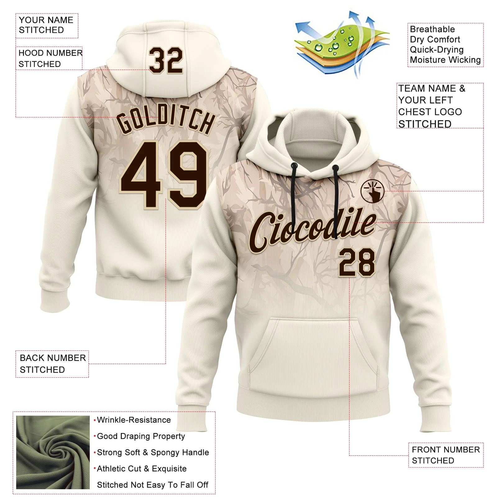 Custom Stitched Cream Brown-Cream 3D Pattern Design Tree Camo Gradient Hunting Sports Pullover Sweatshirt Hoodie