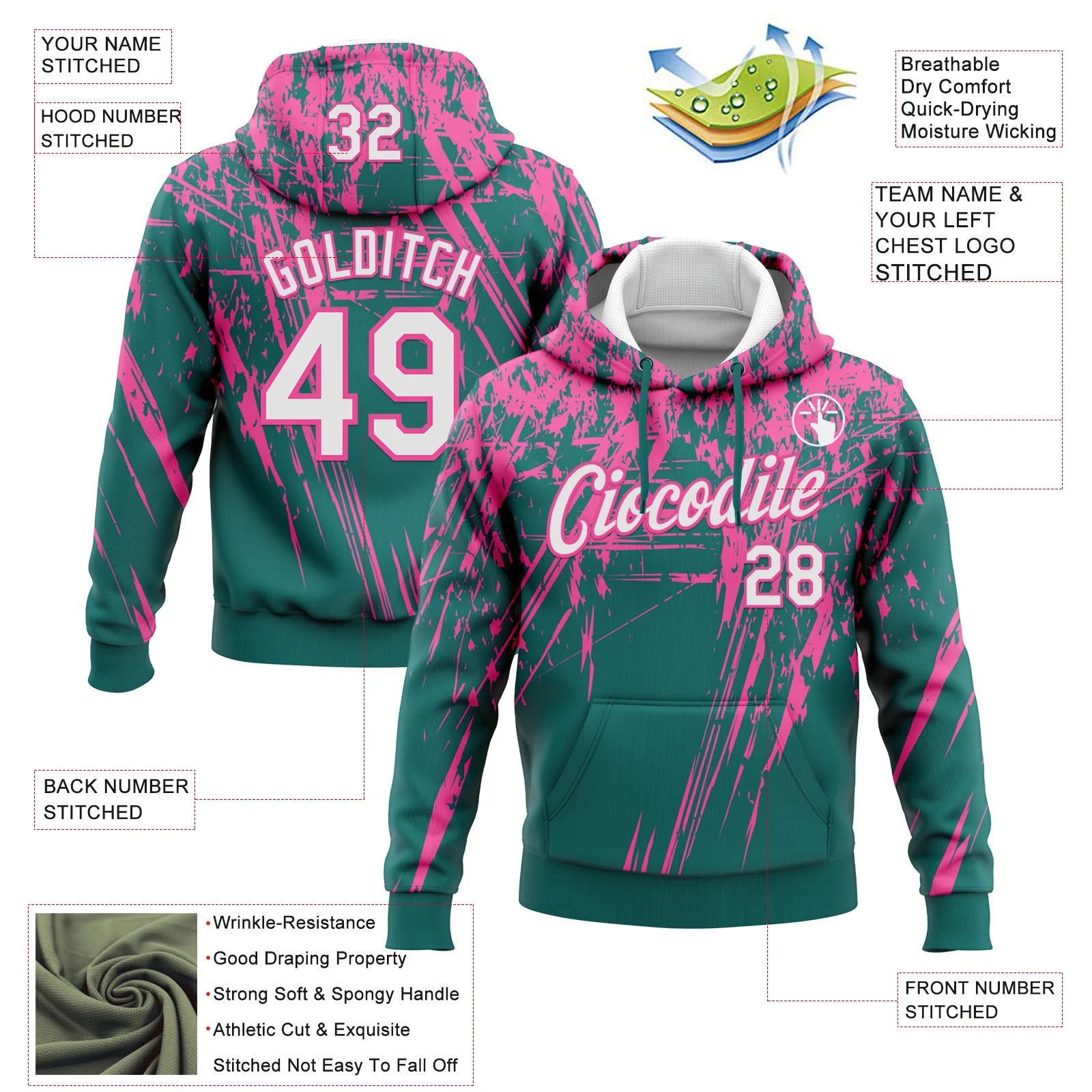 Custom Stitched Teal White-Pink 3D Pattern Design Splash Grunge Art Sports Pullover Sweatshirt Hoodie