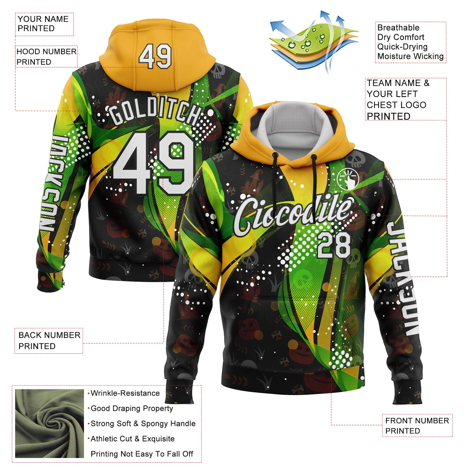 Custom Black White Green-Yellow 3D Halloween Spooky Sportswear Sports Pullover Sweatshirt Hoodie