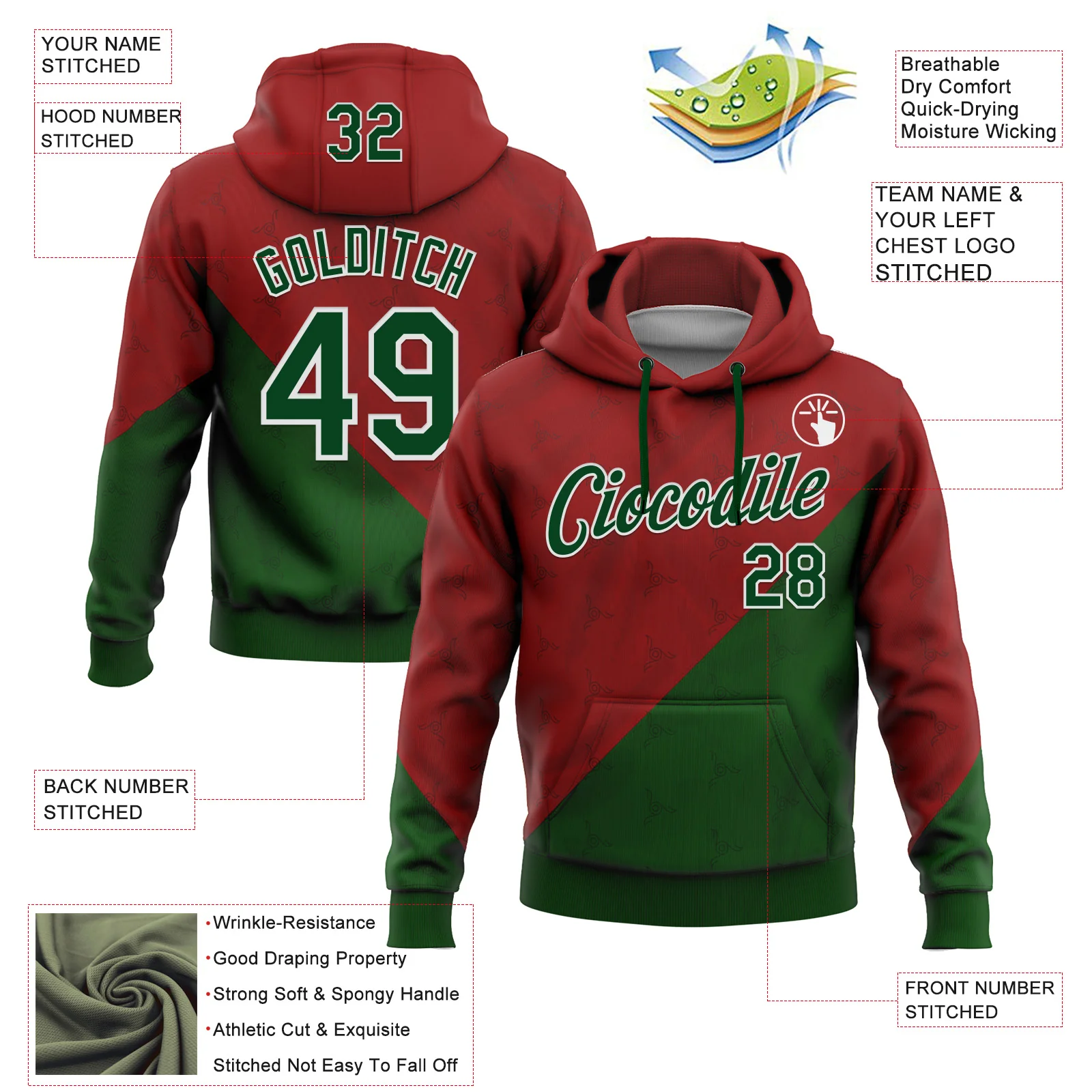 Custom Stitched Red Green-White 3D Pattern Design Mexico Subtle Sportswear Pullover Sweatshirt Hoodie