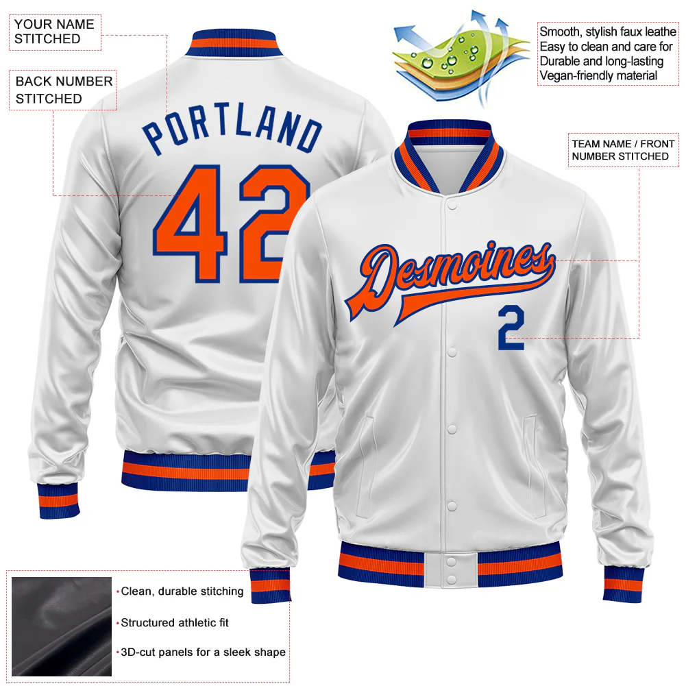 Custom White Orange-Royal Bomber Full-Snap Varsity Faux Leather Letterman Jacket