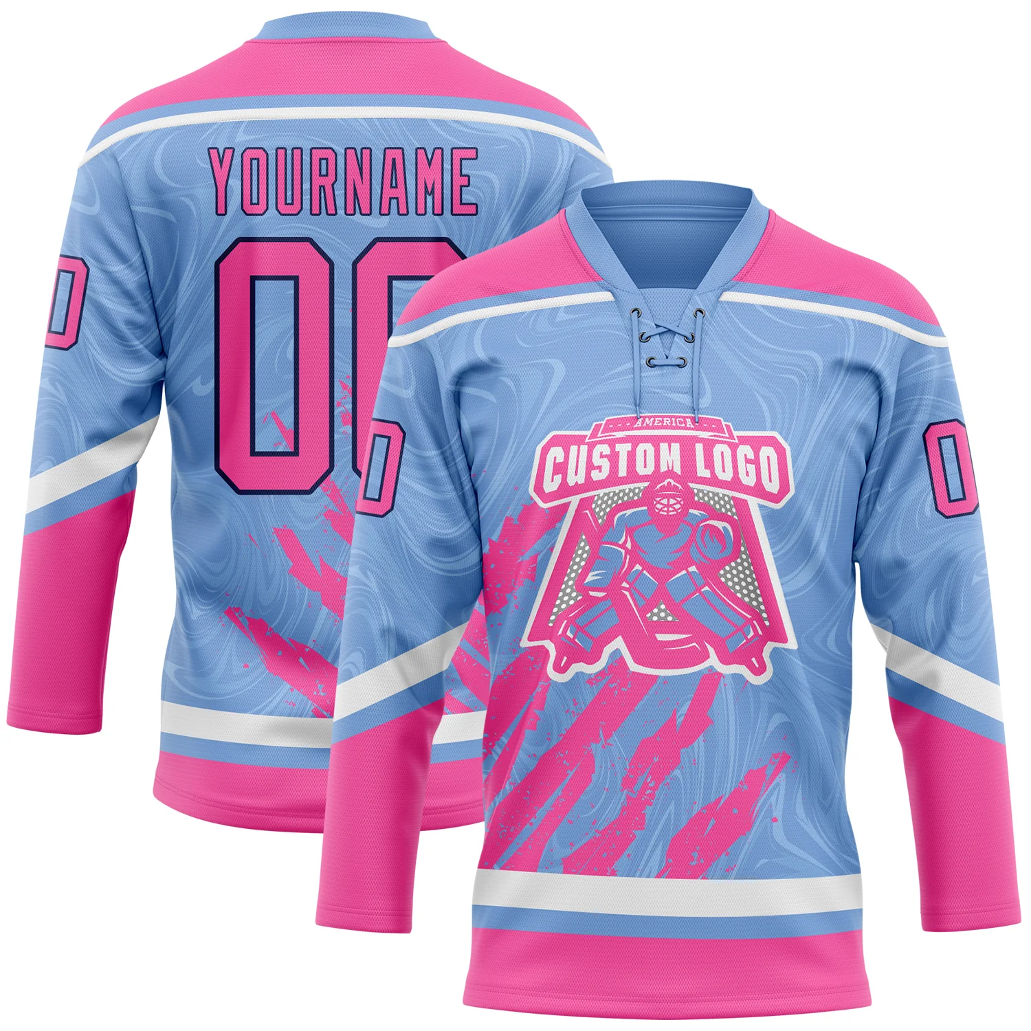 Custom Light Blue Pink Navy-White 3D Splash Art Hockey Lace Neck Jersey