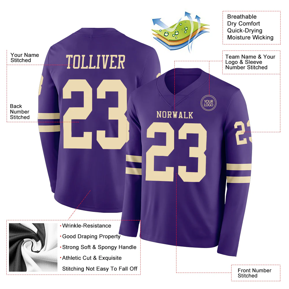 Custom Purple Cream Long Sleeve Authentic Football Jersey