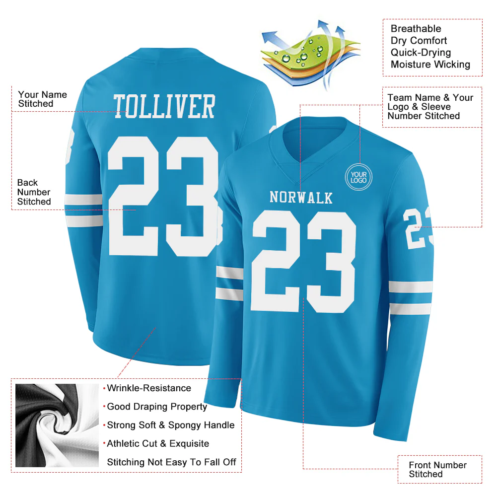Custom Panther Blue White Long Sleeve Authentic Football Jersey