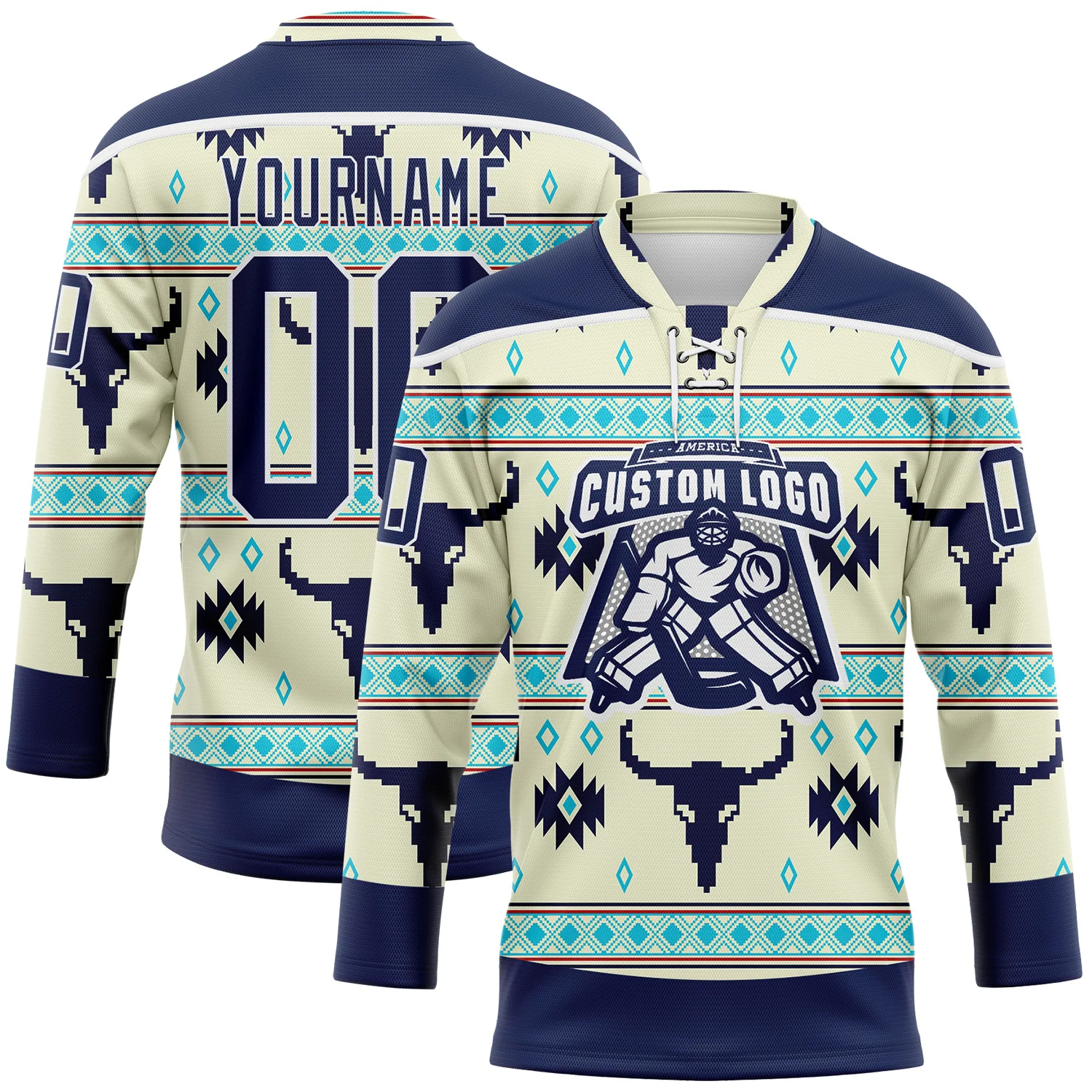 Custom Cream Navy-White 3D Pattern Native Americans Tribal Indigenous People Hockey Lace Neck Jersey