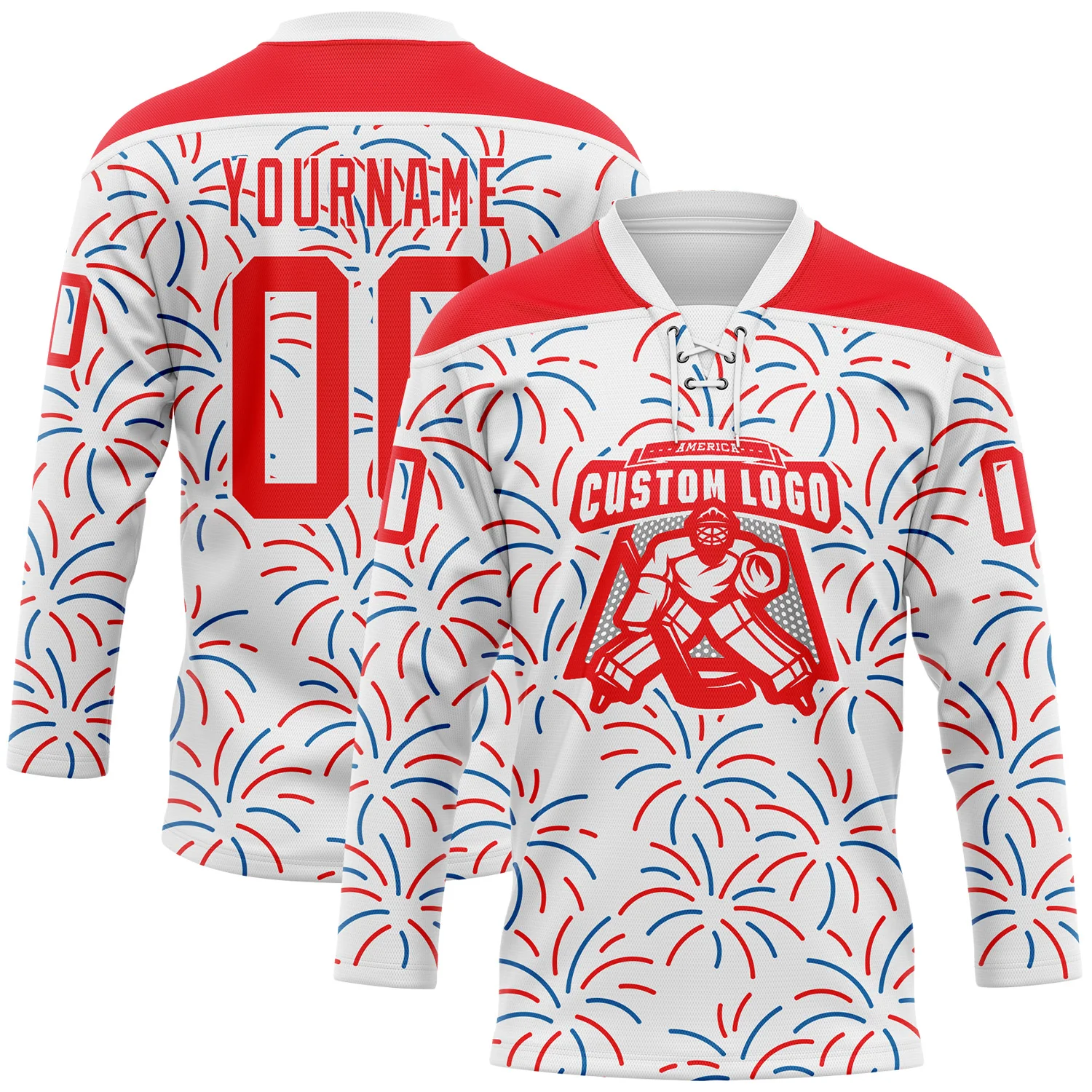 Custom White Fire Red-Royal American Flag Fireworks Hockey Lace Neck Jersey