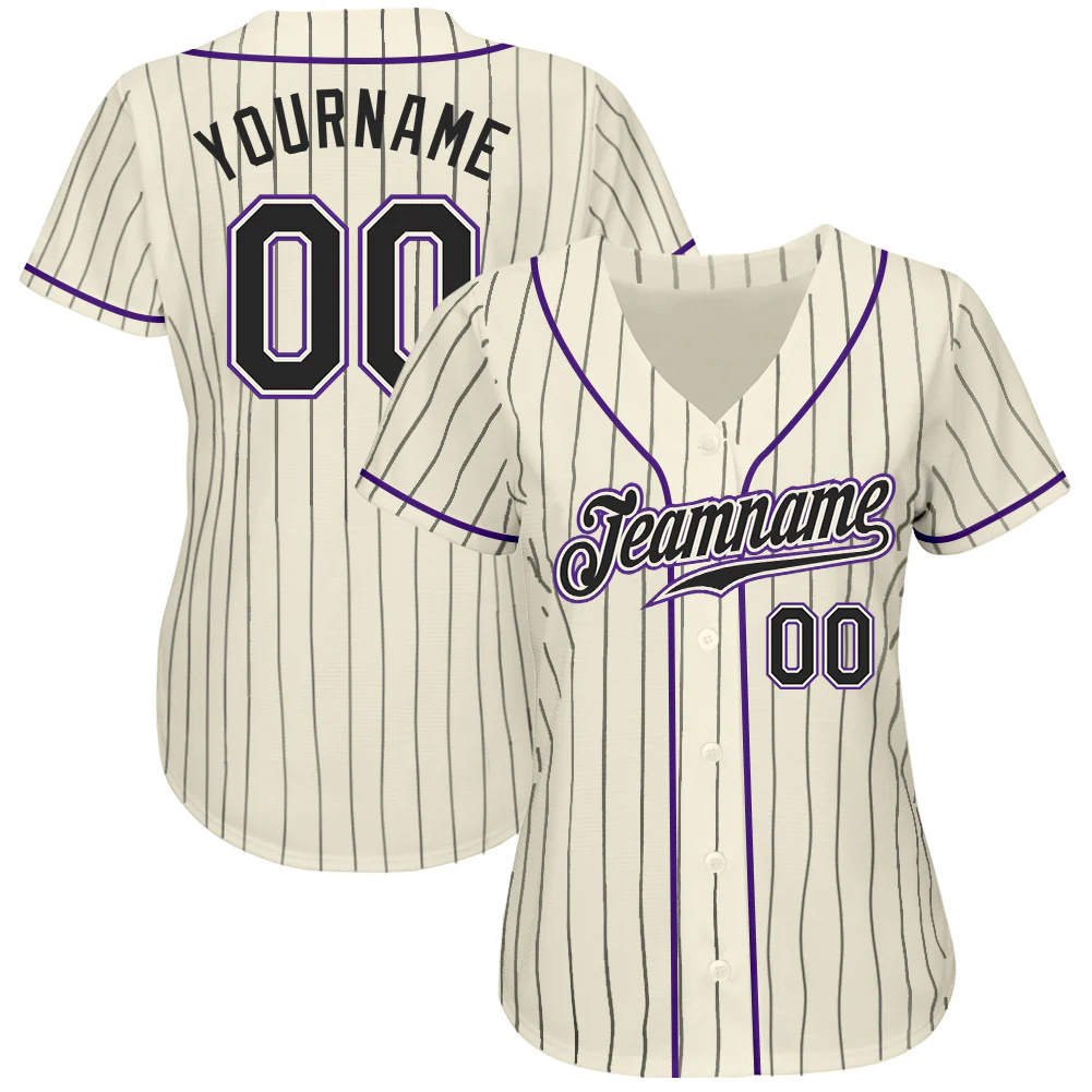 Custom Cream Black Pinstripe Black-Purple Authentic Baseball Jersey