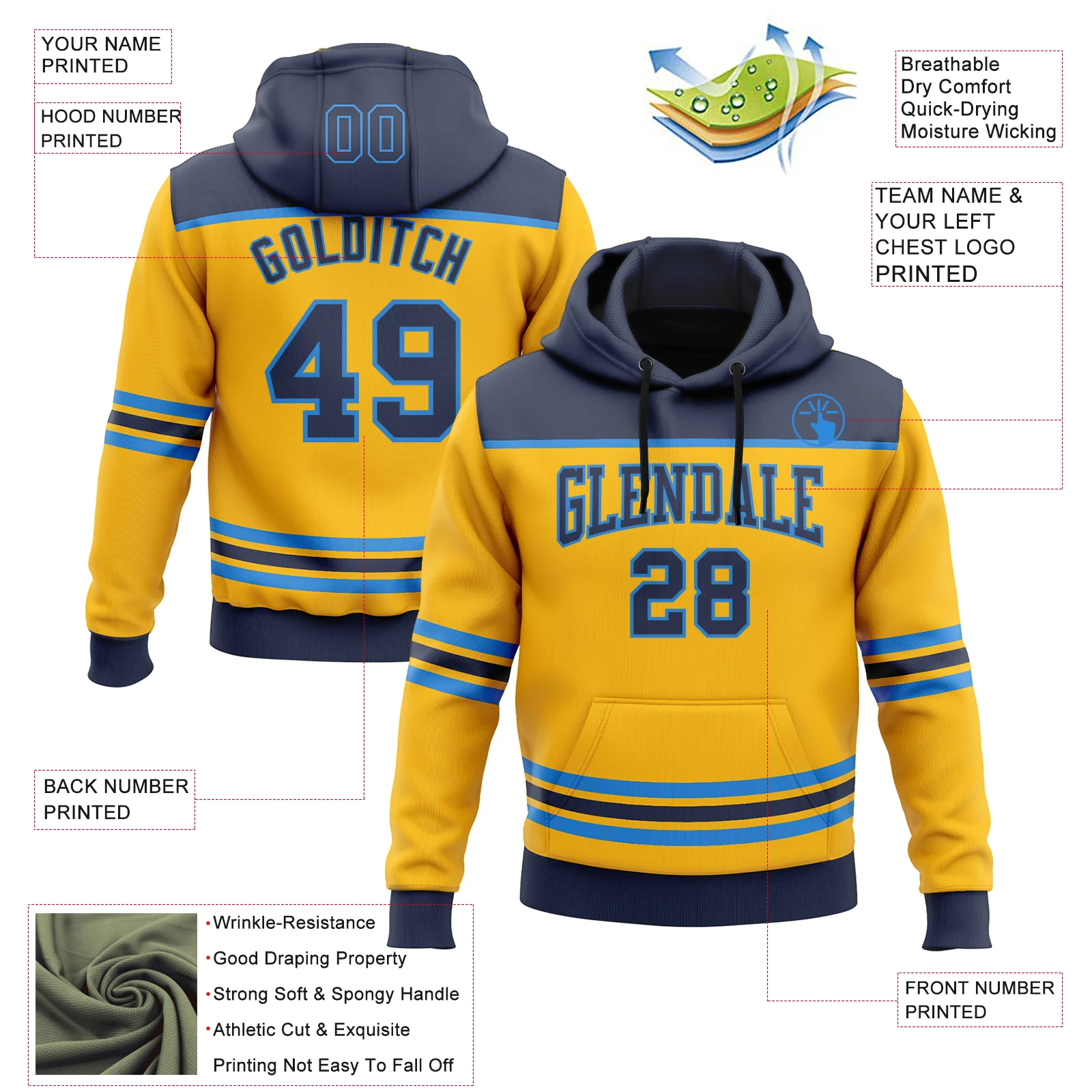 Custom Gold Navy-Powder Blue 3D Pattern Design Game Day Nashville Inspired Sports Pullover Sweatshirt Hoodie