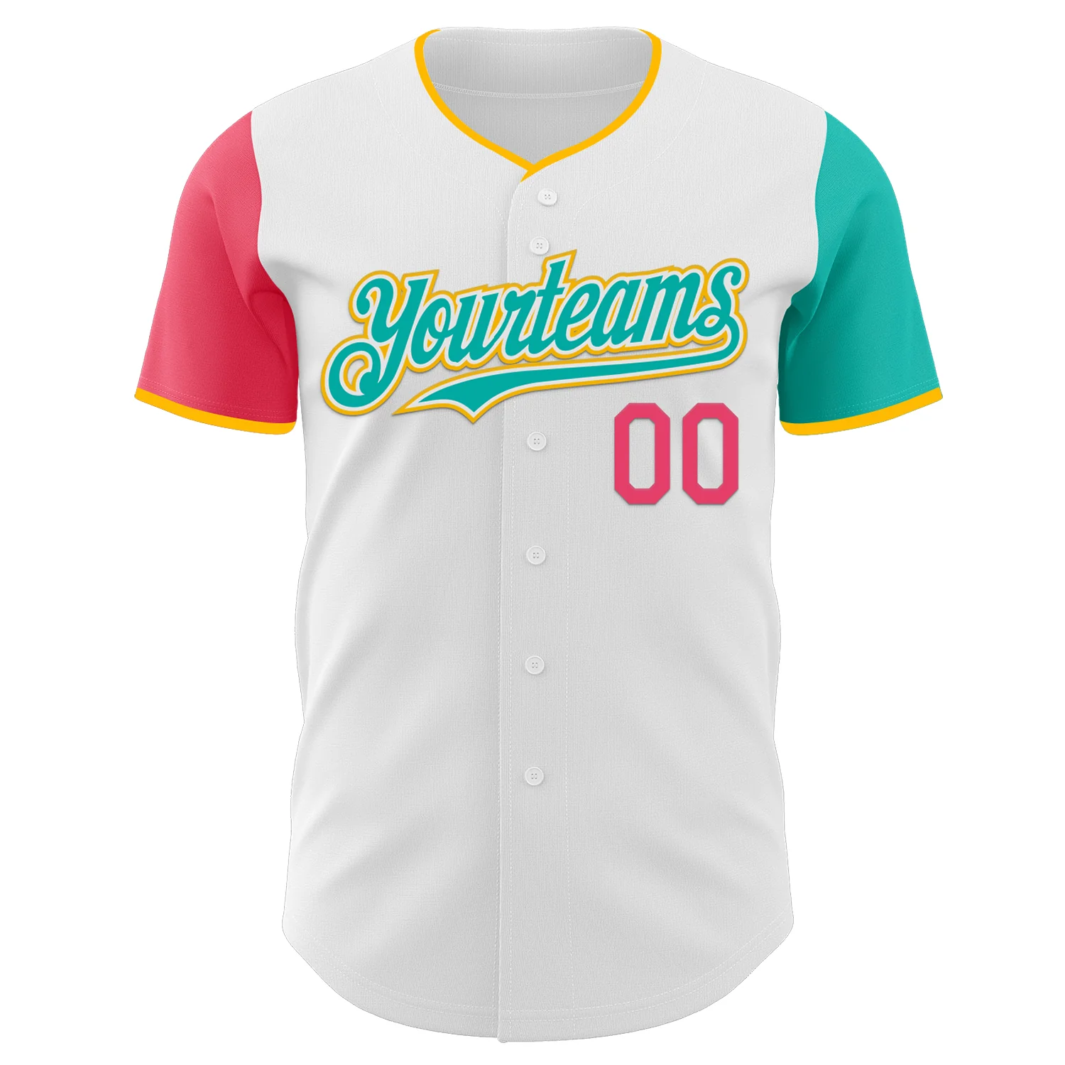 Custom White Neon Pink Aqua-Gold Authentic Two Tone Baseball Jersey