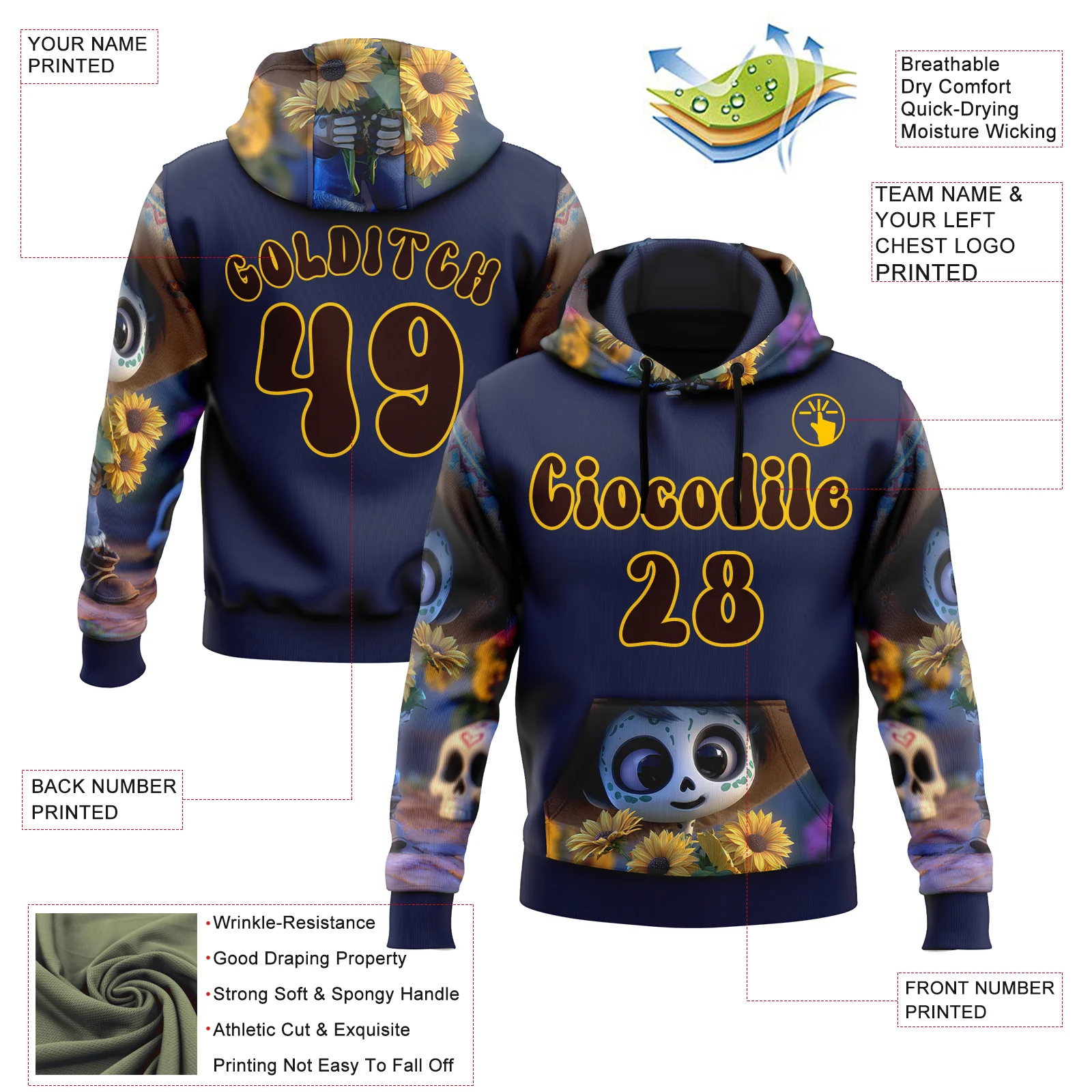 Custom Blue Brown-Yellow 3D Skull Sunflower Day Of The Dead Dia de los Muertos Sports Pullover Sweatshirt Hoodie