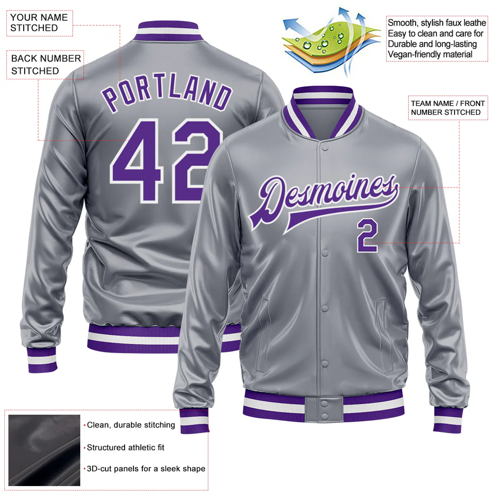 Custom Gray Purple-White Bomber Full-Snap Varsity Faux Leather Letterman Jacket