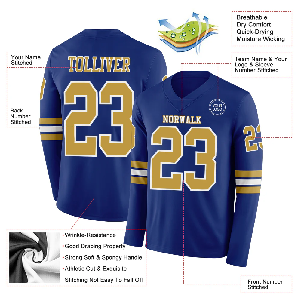 Custom Royal Old Gold-White Long Sleeve Authentic Football Jersey