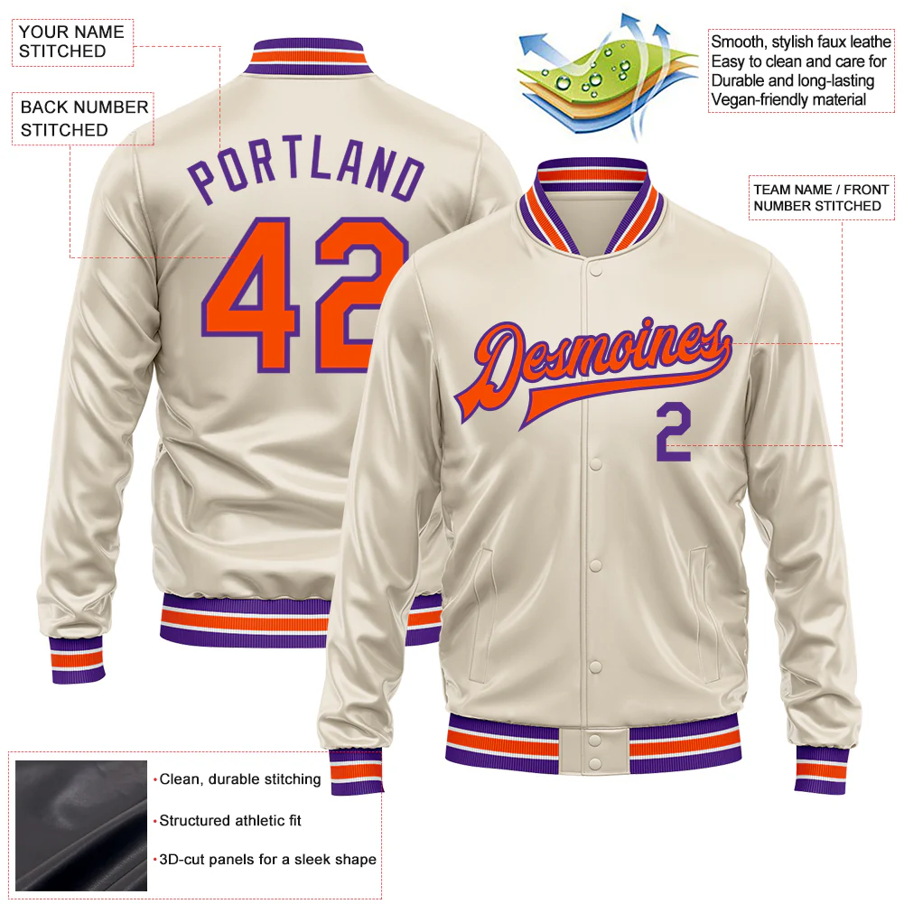 Custom Cream Orange-Purple Bomber Full-Snap Varsity Faux Leather Letterman Jacket