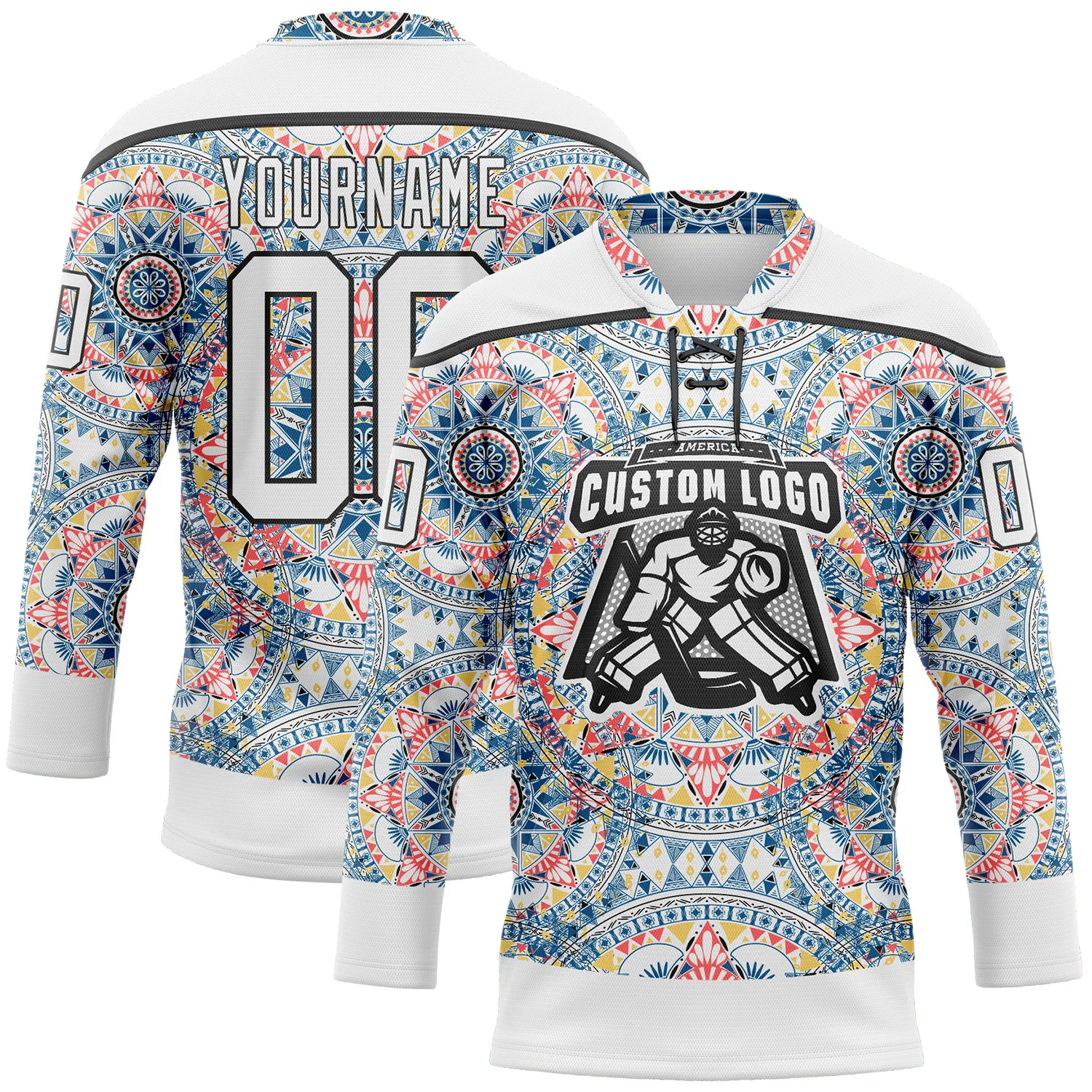 Custom White Black 3D Pattern Native Americans Tribal Indigenous People Hockey Lace Neck Jersey