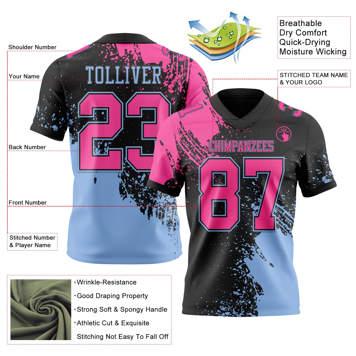 Custom Black Pink-Light Blue 3D Pattern Abstract Brush Stroke Authentic Football Jersey