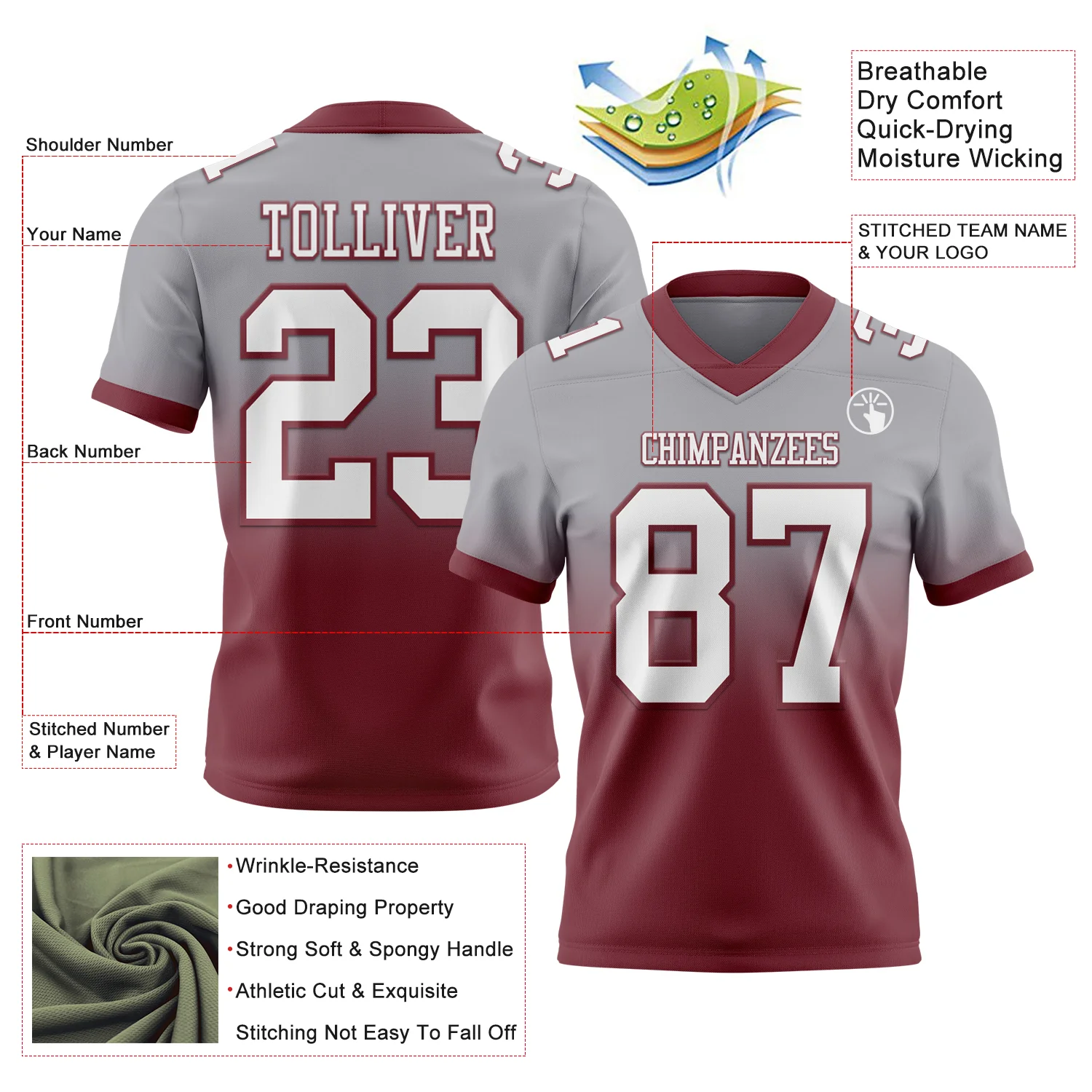 Custom Gray White-Burgundy Authentic Fade Fashion Football Jersey