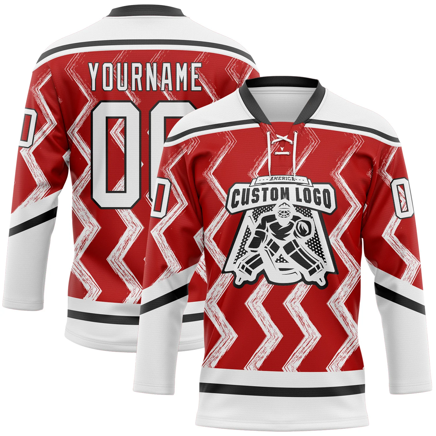 Custom Red White-Black 3D Pattern Abstract Chicago Inspired Zigzag Hockey Lace Neck Jersey