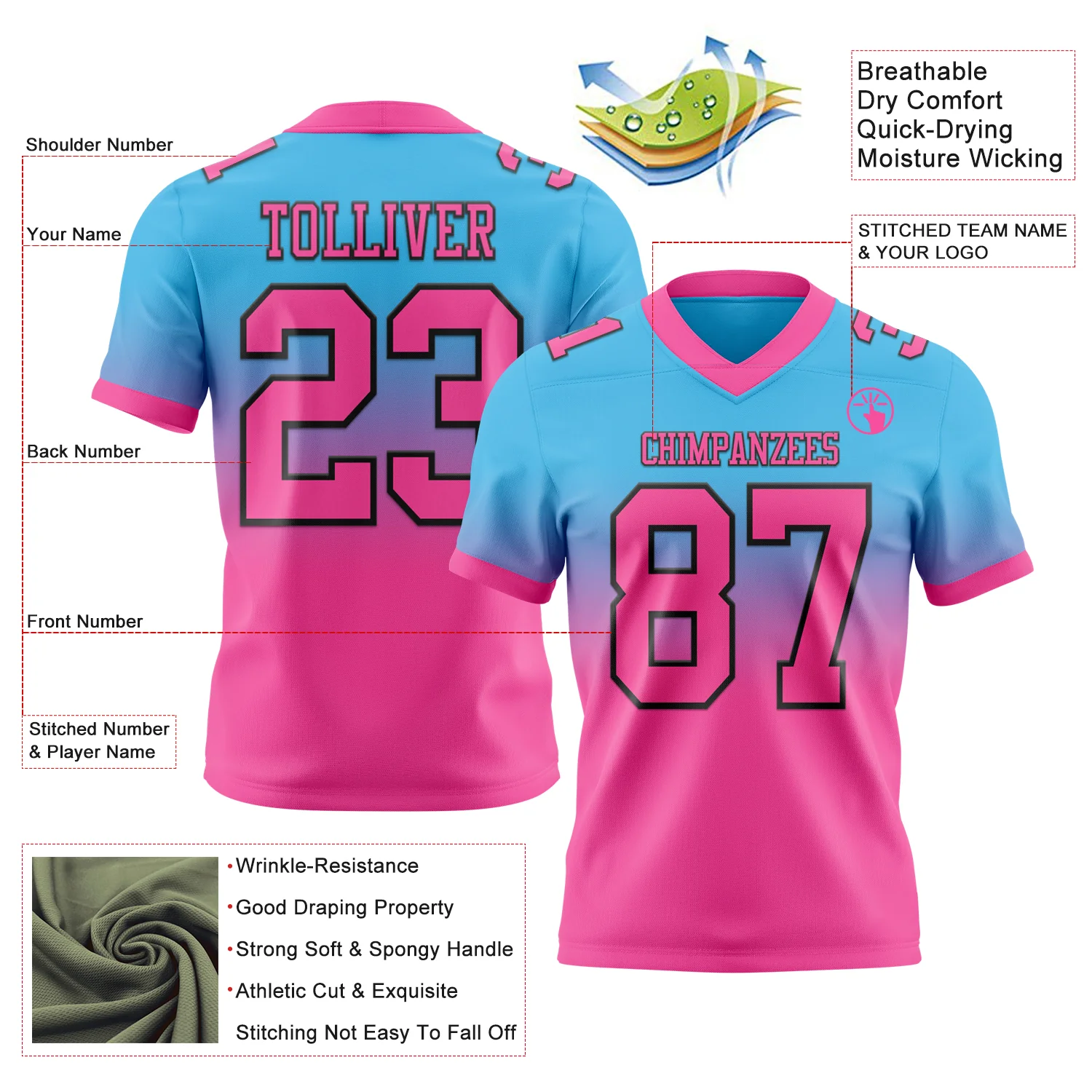 Custom Sky Blue Pink-Black Authentic Fade Fashion Football Jersey