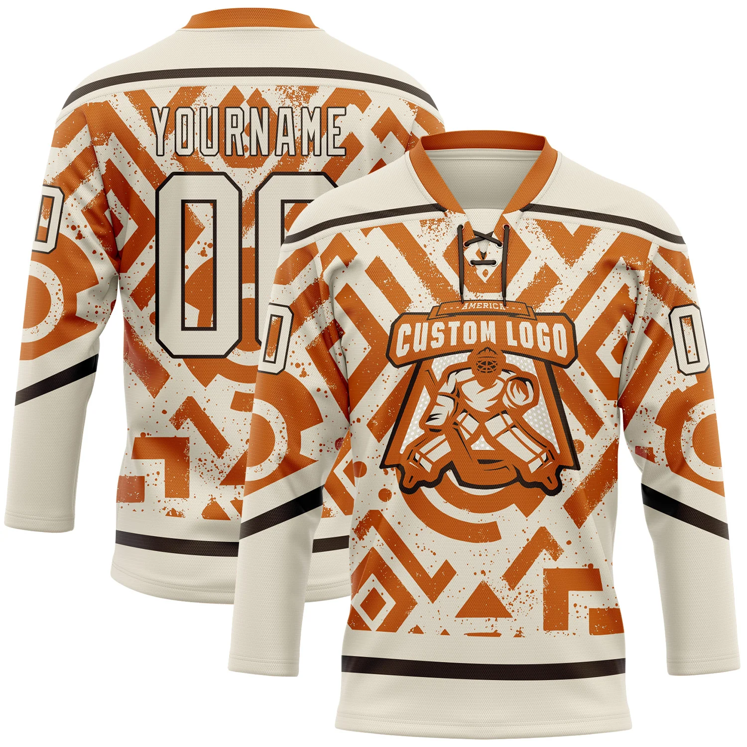 Custom Cream Texas Orange-Brown 3D Pattern Tribal Indigenous Grunge Geometric Splash Hockey Lace Neck Jersey