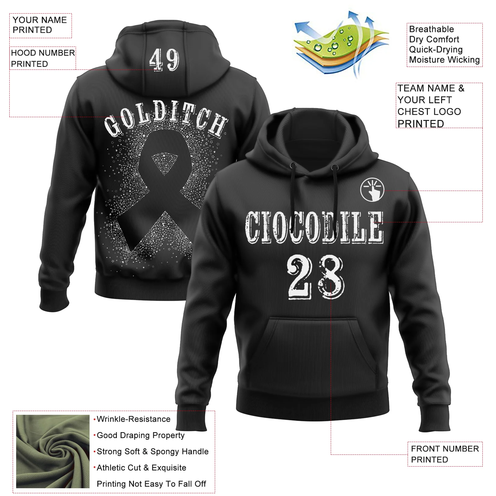 Custom Black White 3D Skin Cancer World Cancer Day Ribbon Support Sports Pullover Sweatshirt Hoodie