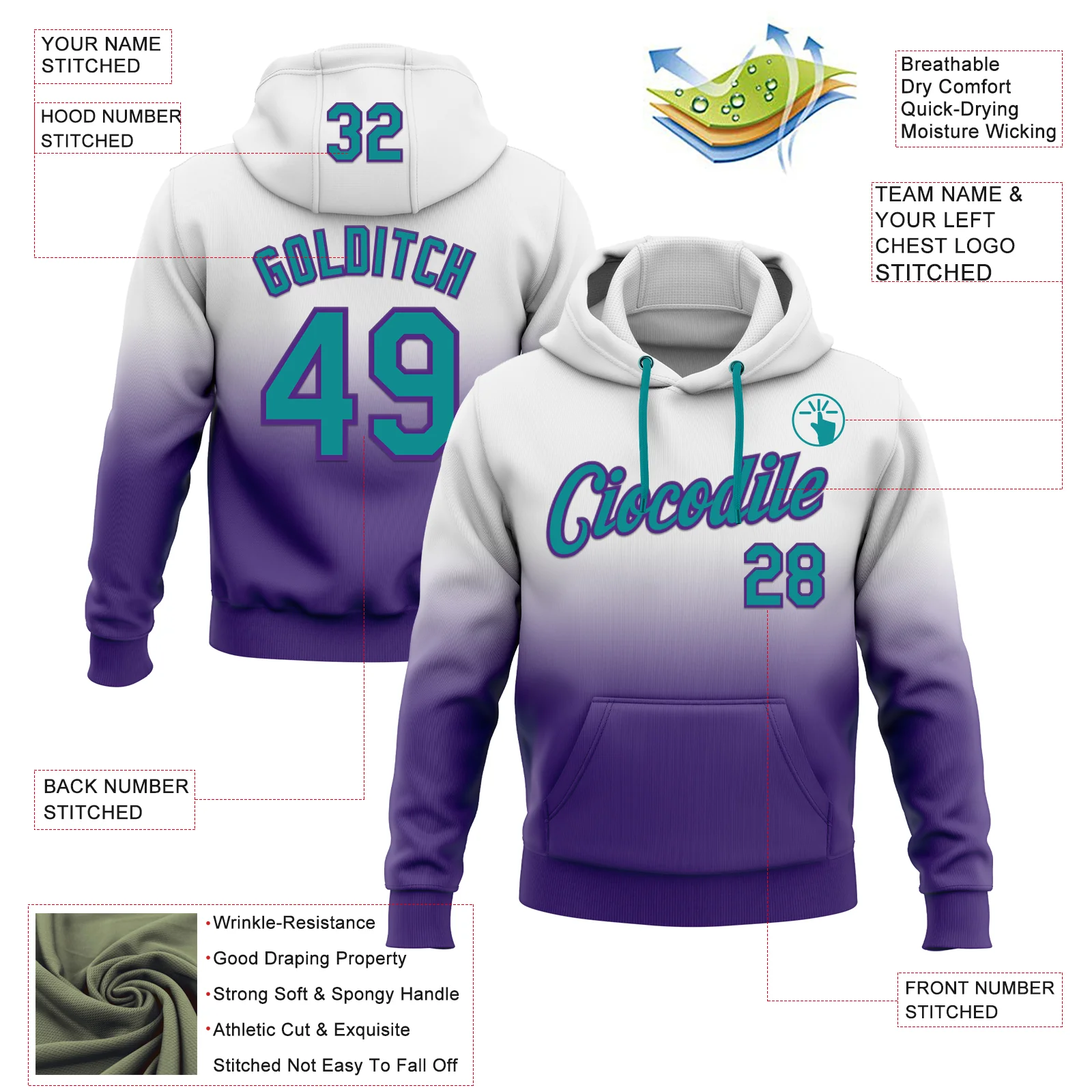 Custom Stitched White Teal-Purple Fade Fashion Sports Pullover Sweatshirt Hoodie