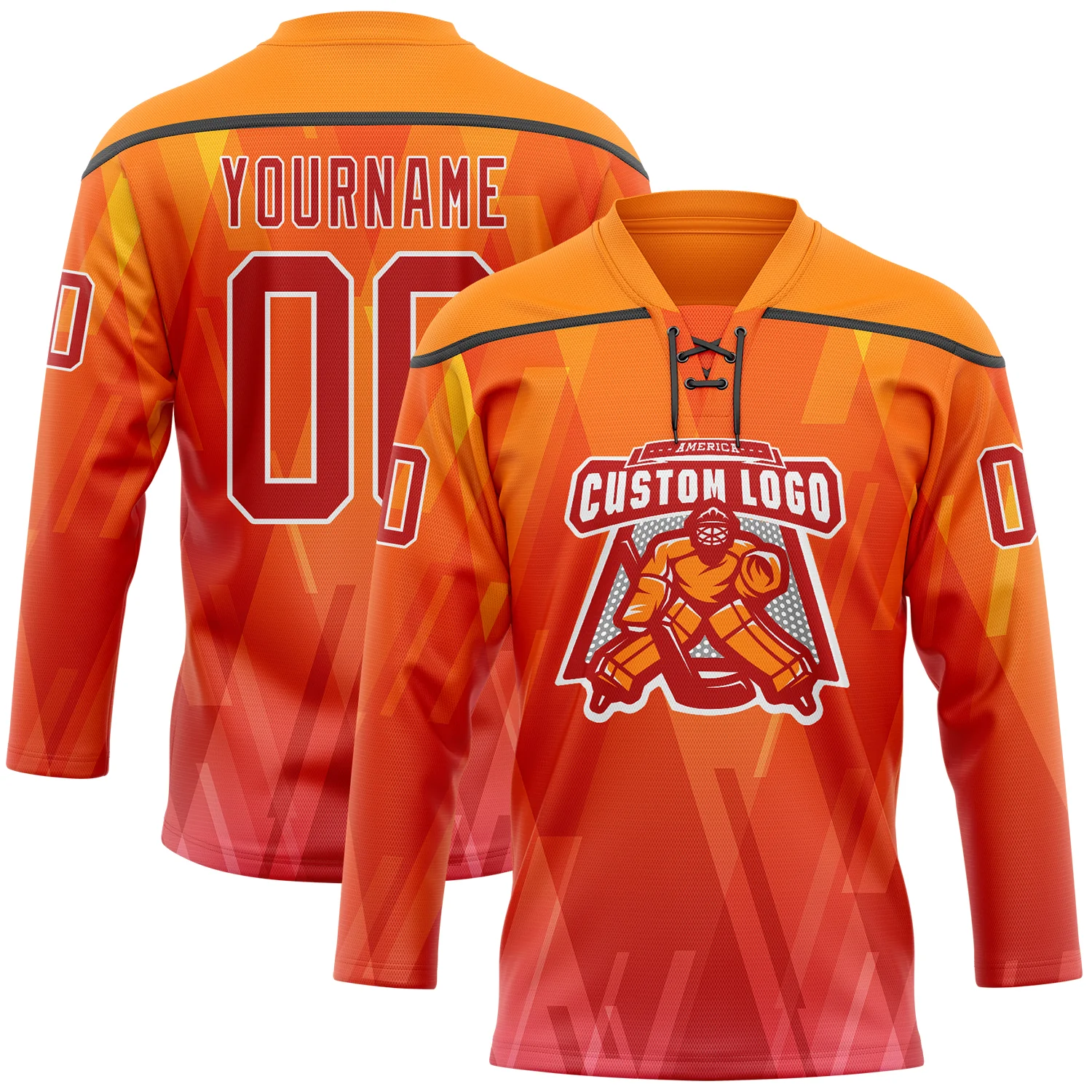 Custom Bay Orange Red Black-White 3D Pattern Abstract Gradient Halftone Hockey Lace Neck Jersey