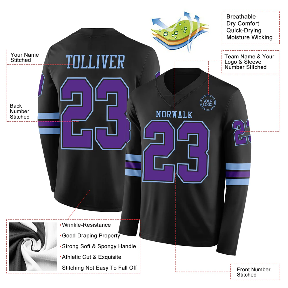 Custom Black Purple-Light Blue Long Sleeve Authentic Football Jersey