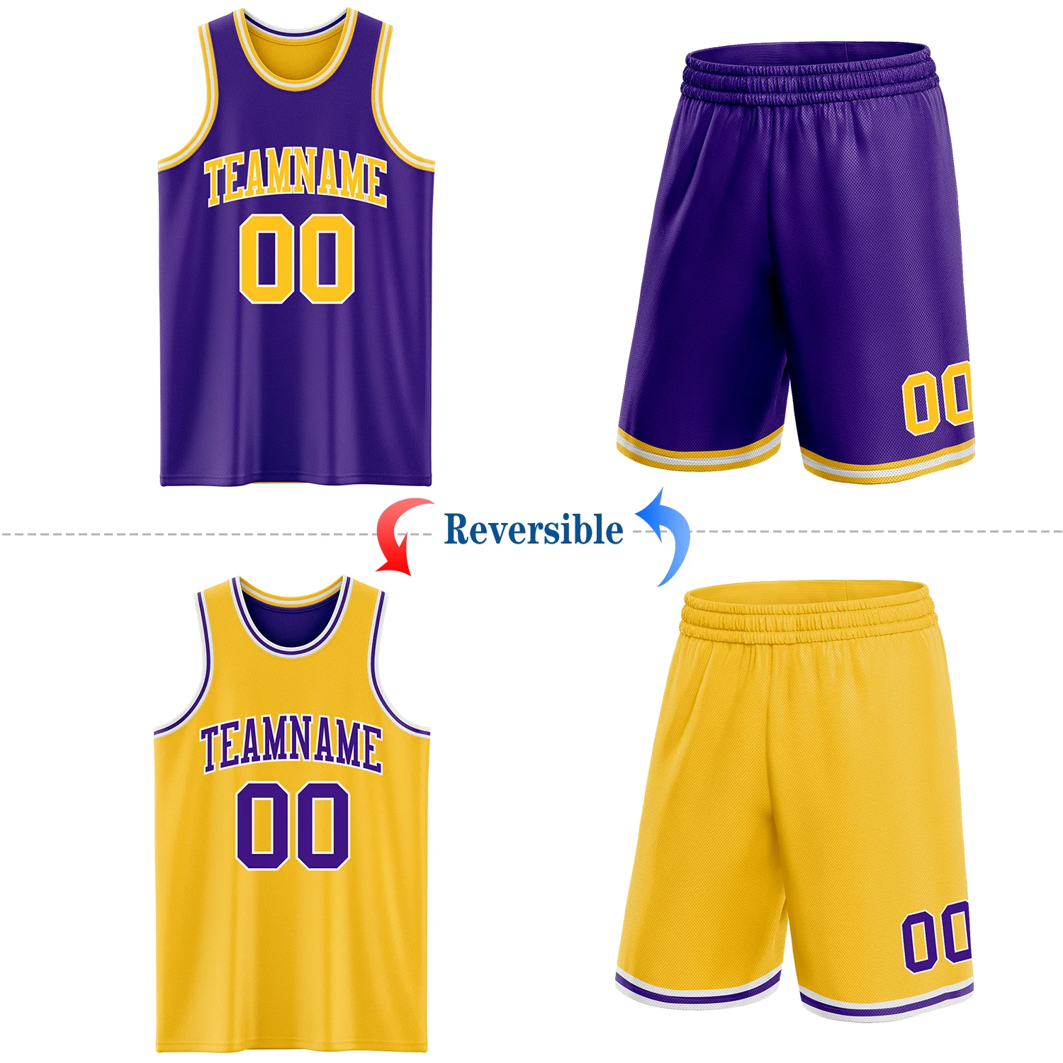 Custom Purple Gold-White Reversible Double Side Sublimation Basketball Suit Jersey