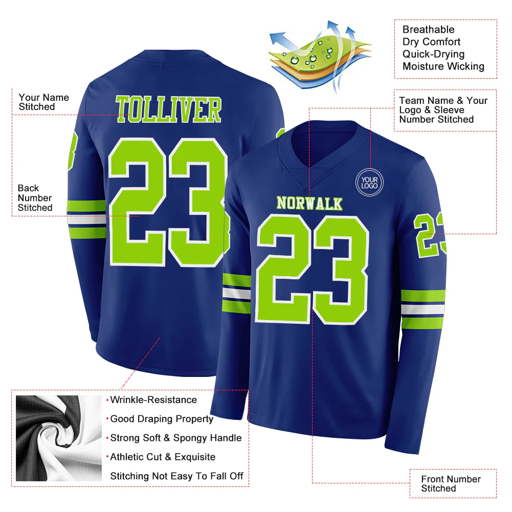 Custom Royal Neon Green-White Long Sleeve Authentic Football Jersey