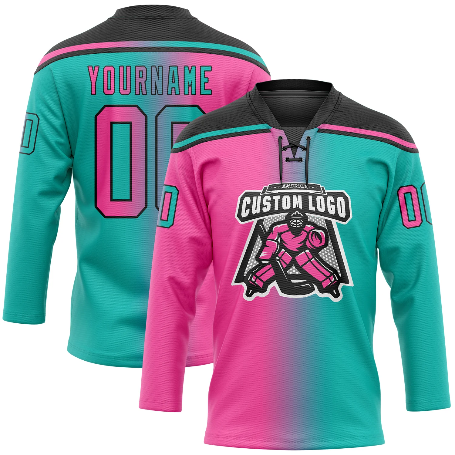 Custom Aqua Pink-Black Gradient Fashion Hockey Lace Neck Jersey