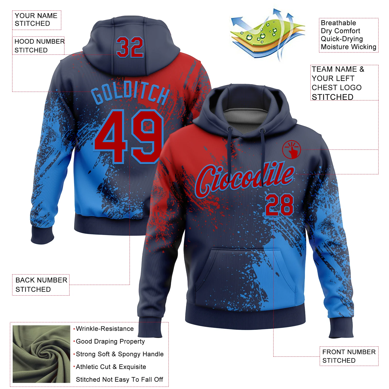Custom Stitched Navy Red-Powder Blue 3D Pattern Design Abstract Brush Stroke Sports Pullover Sweatshirt Hoodie
