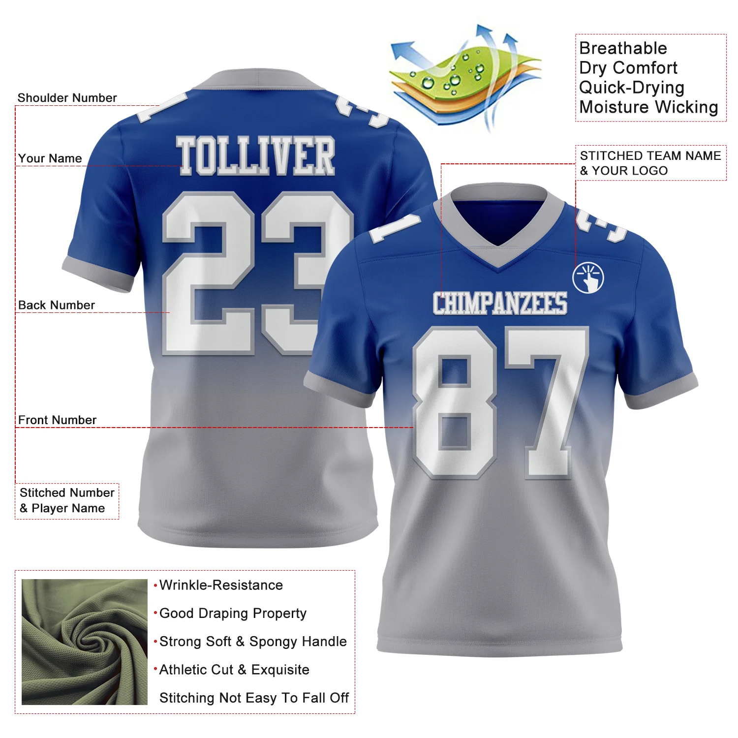 Custom Royal White-Gray Authentic Fade Fashion Football Jersey