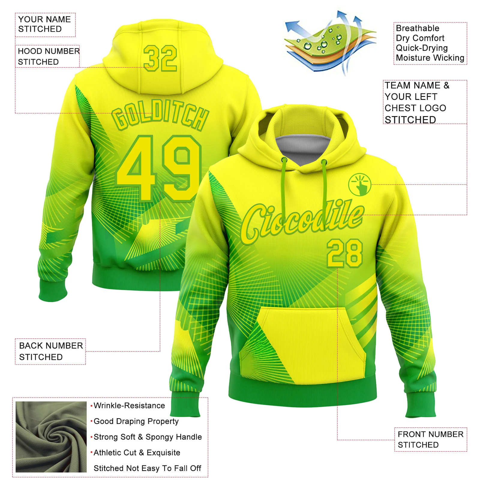 Custom Stitched Yellow Light Yellow Green-Aurora Green 3D Pattern Design Brazil Inspired Geometric Shape Sportswear Pullover Sweatshirt Hoodie