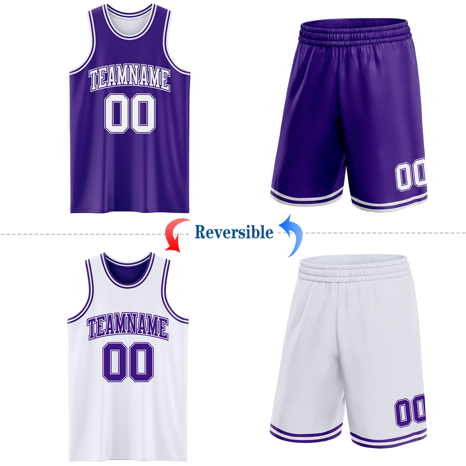 Custom Purple White Reversible Double Side Sublimation Basketball Suit Jersey